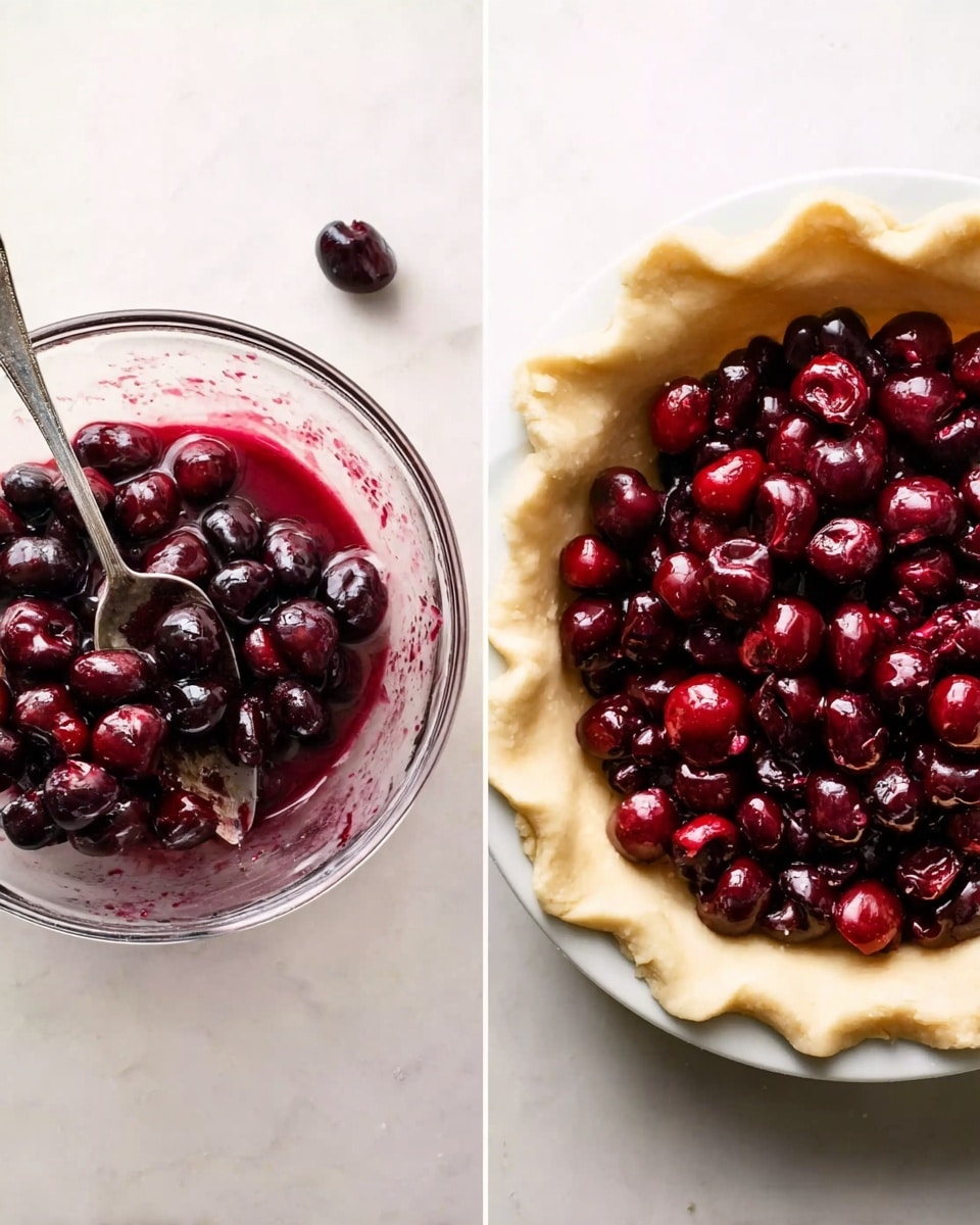 The image shows two side-by-side photos. On the left, there is a clear glass bowl filled with dark red cherries mixed with some juice and a spoon partly inside, all placed on a white marbled surface. On the right, a raw pie crust is placed on a white plate, filled with the same dark red cherries piled high inside the crust’s edges, with some pie juice visible around the edges on the white marbled surface beneath. Photo taken with an iphone --ar 4:5 --v 7