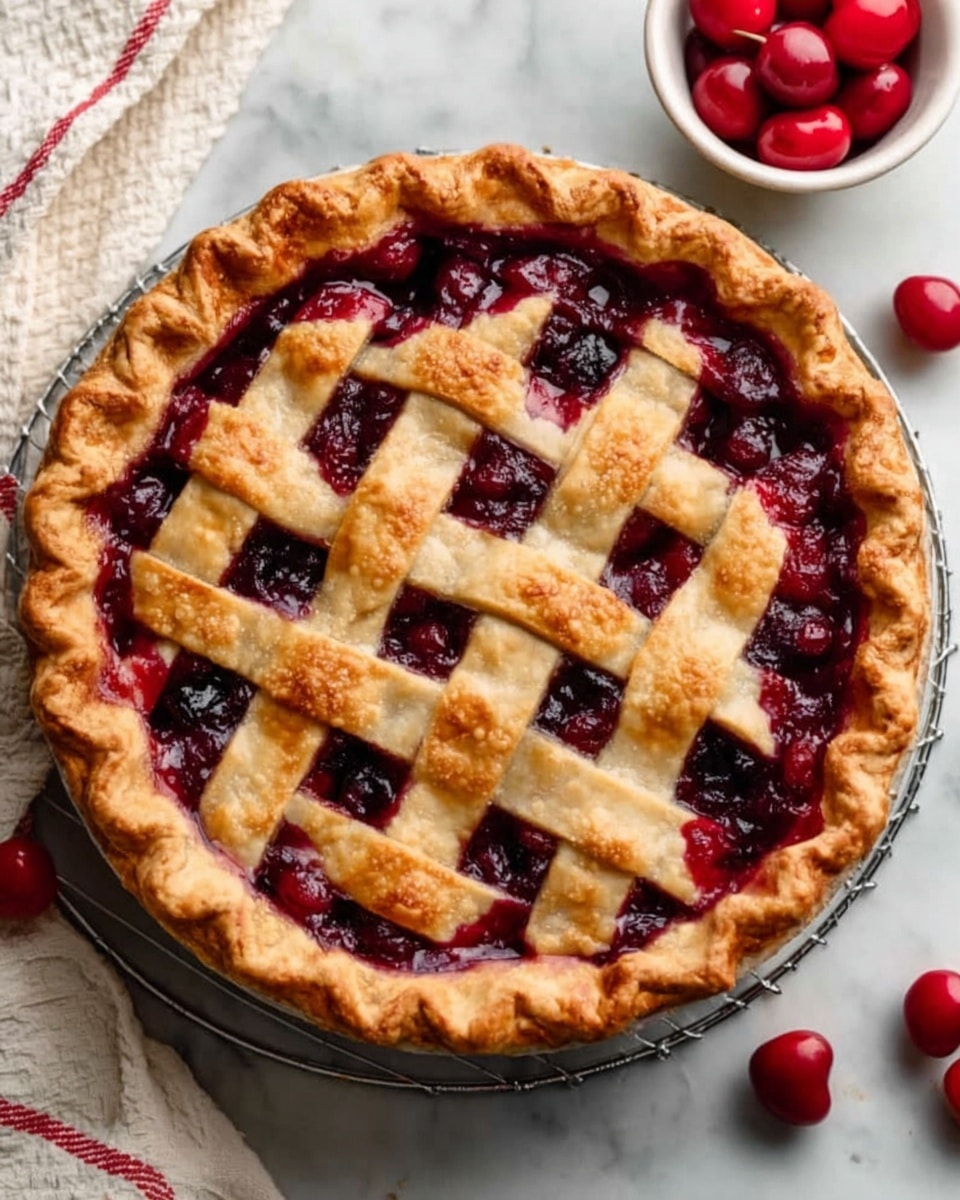 A round pie with a golden brown, shiny crust in a lattice pattern on top, showing deep red cherry filling beneath. The edges of the crust are thick and crimped, giving a textured border around the pie. The pie rests on a round white metal cooling rack with a white marbled surface underneath. Nearby, there is a white bowl filled with bright red cherries and some loose cherries scattered around. The lighting highlights the pie’s crispy texture and the rich color of the cherry filling. photo taken with an iphone --ar 4:5 --v 7