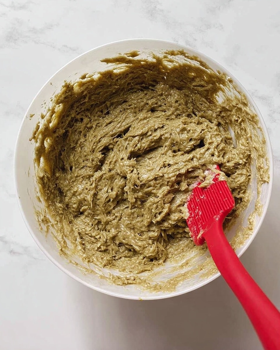 A clear white bowl contains a thick, sticky mixture with a muted greenish-brown color and a rough, uneven texture from shredded ingredients mixed throughout. A red spatula with a rubbery texture is partially immersed in the mixture on the right side, with some of the mixture clinging to it. The bowl is placed on a white marbled surface. photo taken with an iphone --ar 4:5 --v 7