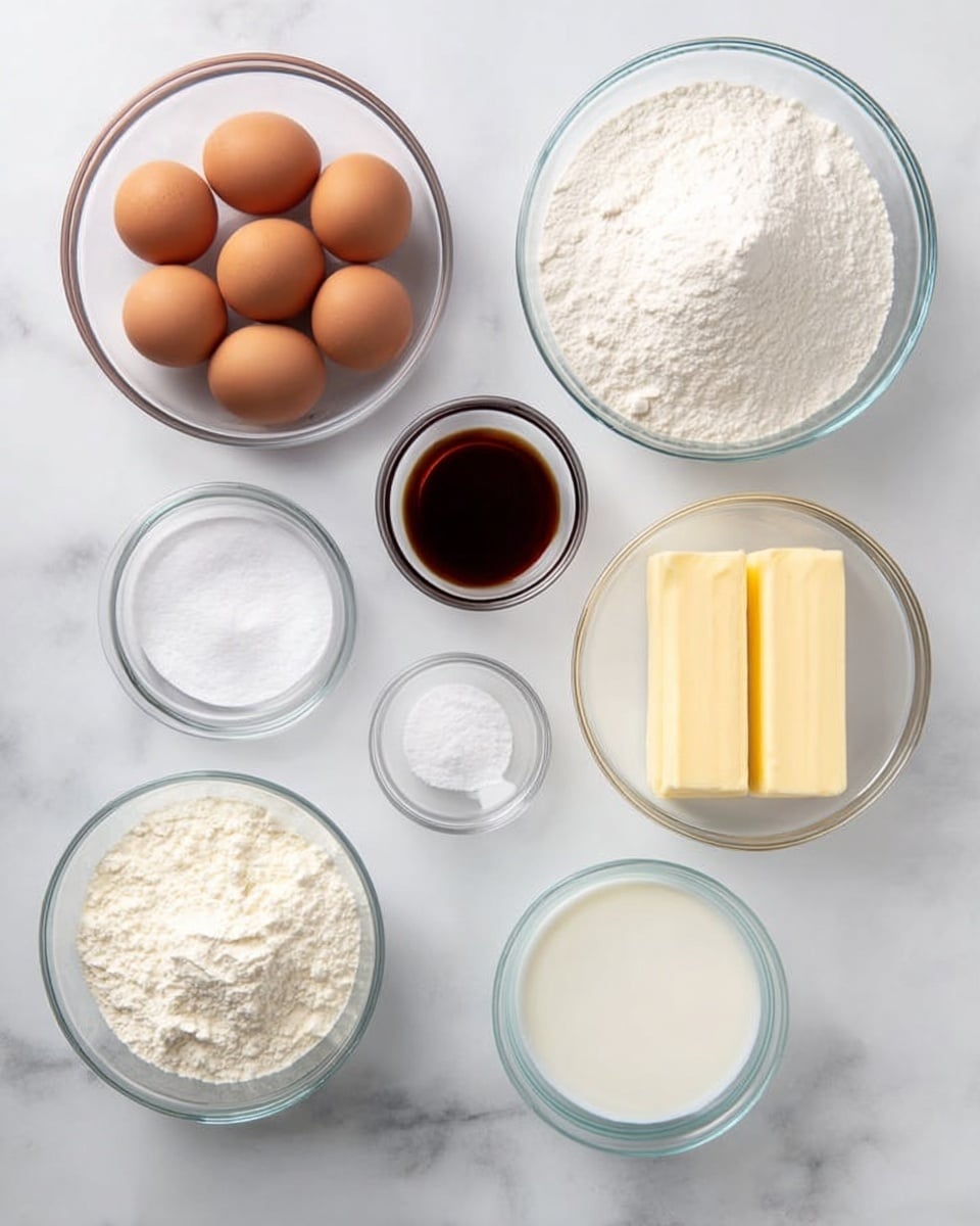 The image shows a collection of baking ingredients placed neatly on a white marbled surface. There is a clear glass bowl on the top left containing six brown eggs. To the right of the eggs, a small glass bowl holds a dark brown liquid, likely vanilla extract. Below that, two very small clear bowls contain white powders, possibly baking soda and baking powder. To the right side, a large glass bowl is filled with white granulated sugar. Below the sugar, two sticks of yellow butter with white wrapping sit side by side. On the bottom left, a medium glass bowl contains white flour with a slight mound in the center. Next to the flour, a small glass bowl is filled with a white liquid, likely cream or milk. The whole setup is arranged clearly and evenly spaced, with the ingredients showing smooth, powdery, and creamy textures. photo taken with an iphone --ar 4:5 --v 7
