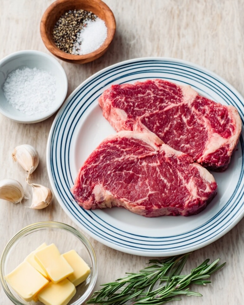 Two raw red steaks with white marbling are placed side by side on a white plate with blue lines around the edge. Around the plate, there are small bowls with salt and black pepper, and a clear bowl with two small pieces of pale yellow butter. Below the plate, there are two garlic cloves and a few green rosemary sprigs arranged on a white marbled surface. Photo taken with an iphone --ar 4:5 --v 7