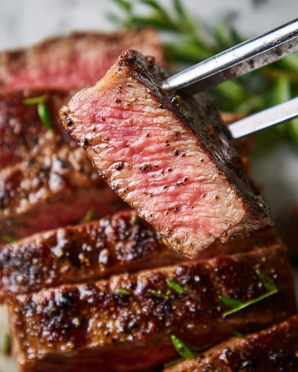 A close-up view shows a thick slice of medium-cooked steak held by silver tongs. The steak slice displays a bright pink center surrounded by a brown, pepper-speckled crust. Below, several layers of similarly cooked steak pieces form a textured background. To the side, green sprigs of fresh herbs add a contrast of color. The dish is set against a white marbled surface. photo taken with an iphone --ar 4:5 --v 7