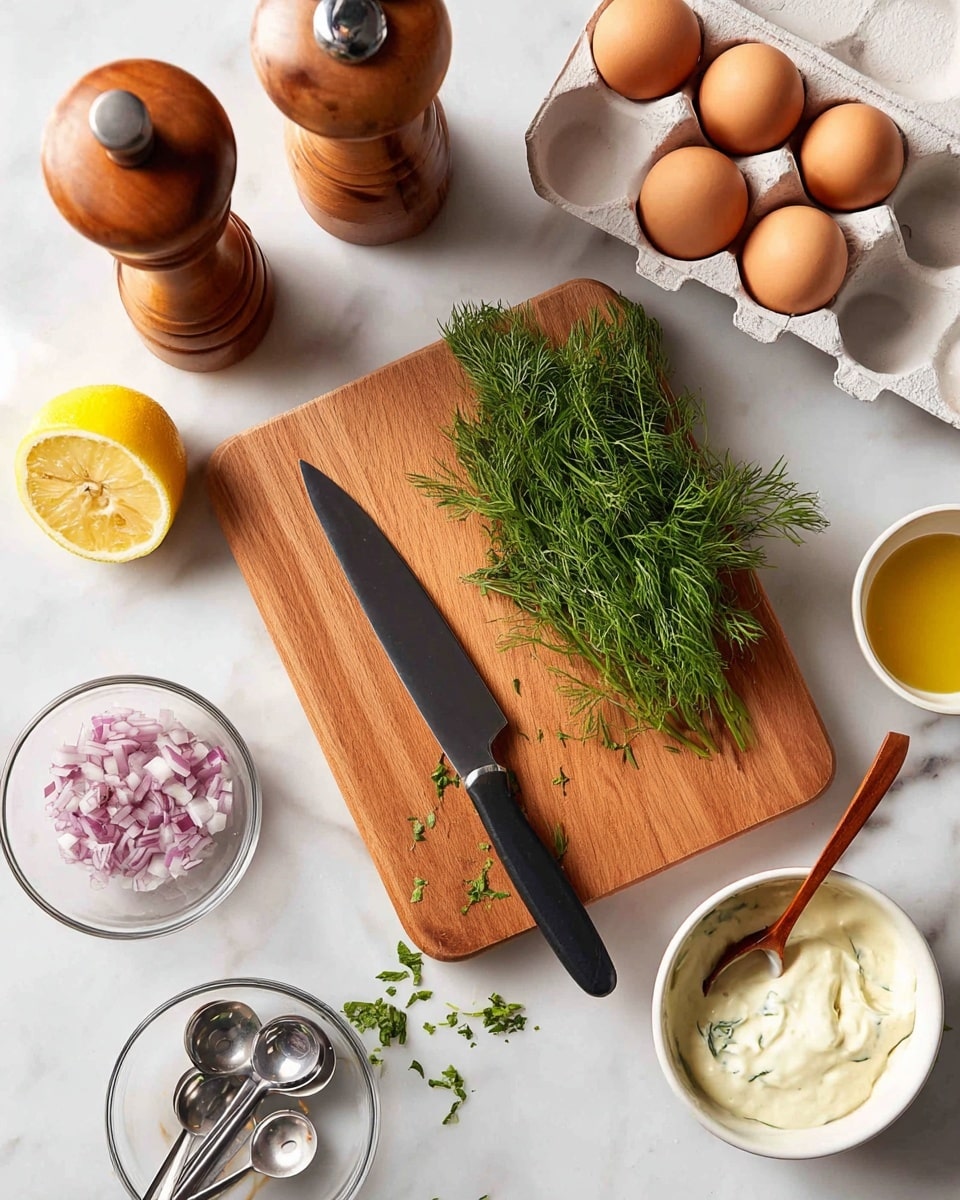 The image shows a wooden cutting board on a white marbled surface with a sharp black knife resting diagonally on top, some small green herb pieces scattered near the knife's edge, and a bunch of fresh green dill placed next to it. To the right of the board is a white bowl with creamy white sauce and a wooden spoon inside. Above the board, there is a white egg tray holding six brown eggs, and above that, a brown wooden pepper grinder and a wooden citrus squeezer lay side by side. On the bottom left side, there is a jar of yellow mustard and a small clear glass bowl filled with finely chopped red onions. Near the bowl are silver measuring spoons stacked together. A bright yellow lemon, cut into two halves, is positioned on the left edge of the image. Photo taken with an iphone --ar 4:5 --v 7