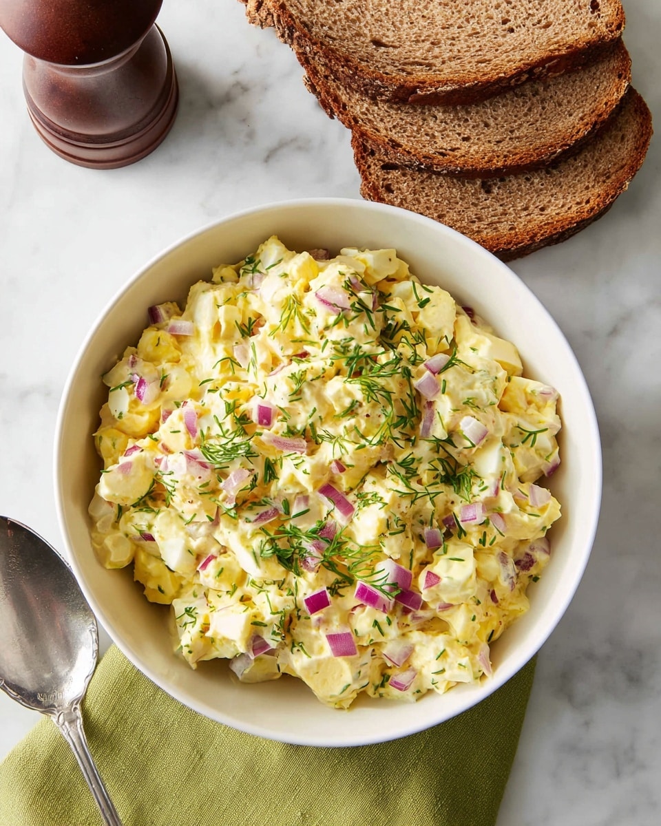 A white bowl placed on a white marbled surface filled with a creamy egg salad that has small yellow chunks of eggs mixed with finely chopped purple red onions and sprinkled with green herbs like chives and dill on top. Three slices of brown bread are stacked behind the bowl, and a dark wooden pepper grinder stands nearby. A silver spoon rests on a green cloth under the bowl. Photo taken with an iphone --ar 4:5 --v 7