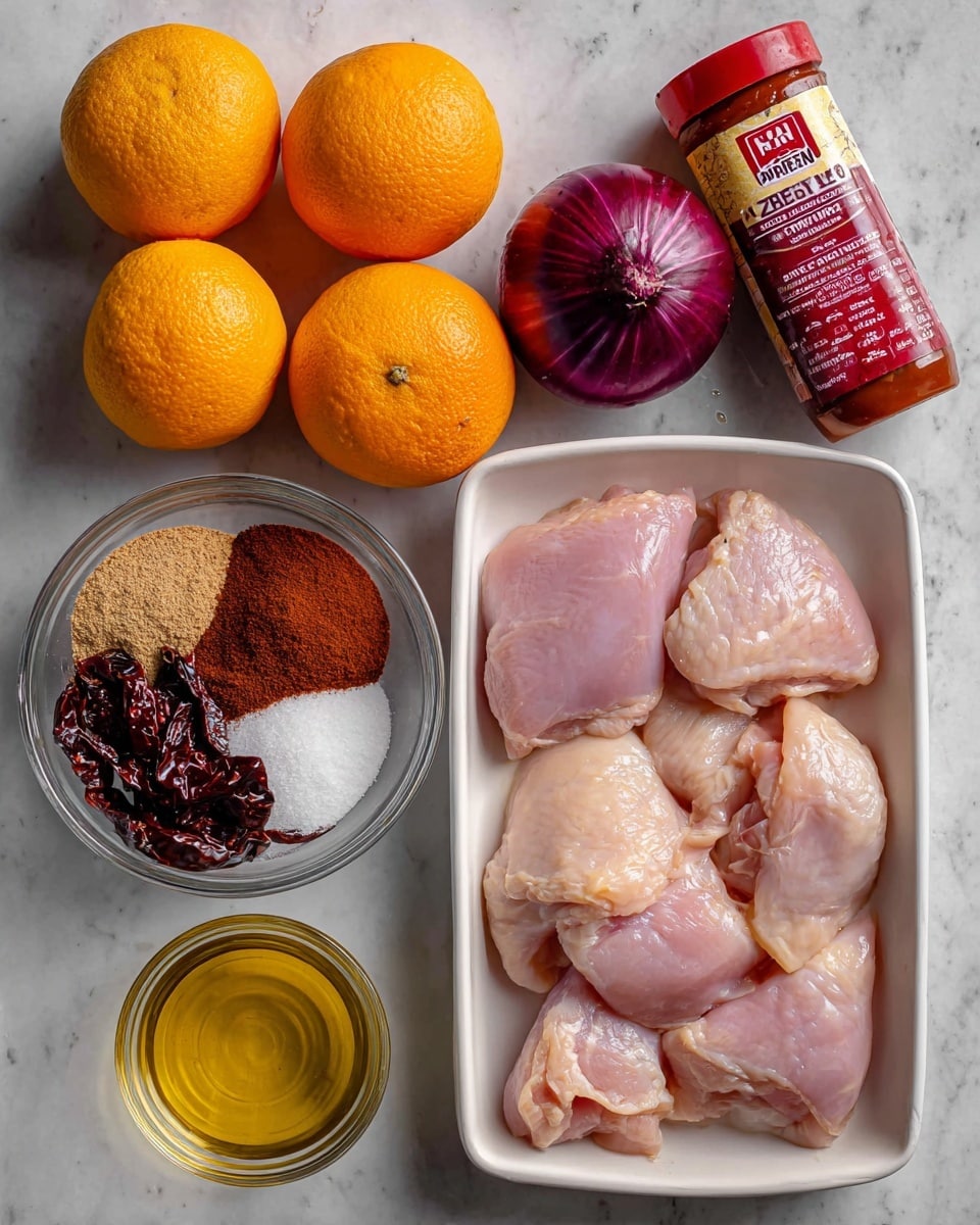 The image shows raw chicken pieces placed neatly in a white tray on the right side. To the left, there are two whole bright orange oranges placed above two whole, deep purple-red onions. Above the onions, there is a tube of red tomato paste with white and red labeling. Above the tomato paste, a small glass bowl contains dark red dried chili peppers. To the top left, there is a white bowl holding three mounds of different spices: reddish brown powder, brown sugar, and white salt. Below the chili bowl, there is a small clear bowl with clear golden liquid, likely oil. All items are arranged on a white marbled surface. photo taken with an iphone --ar 4:5 --v 7