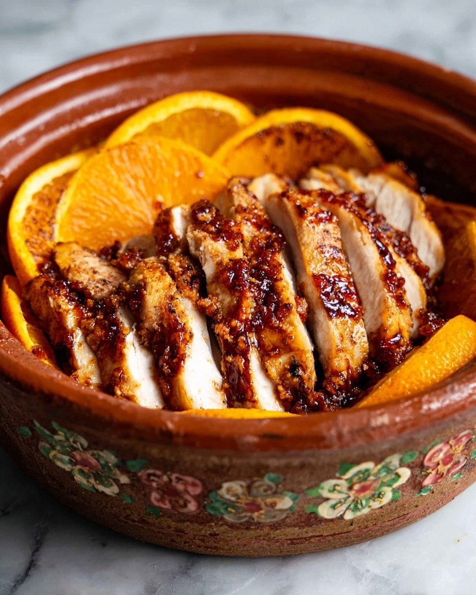 A rustic brown clay bowl with floral details holds the dish on a white marbled surface. Inside the bowl, there are five thick slices of orange with a soft, slightly charred texture placed around the edges. In the center, there are multiple thick slices of white meat with a golden-brown grilled crust and a shiny, slightly sticky glaze, arranged in a stacked pile. The glaze has a rich reddish-brown color with textured bits, coating both the meat and parts of the orange slices. Photo taken with an iphone --ar 4:5 --v 7