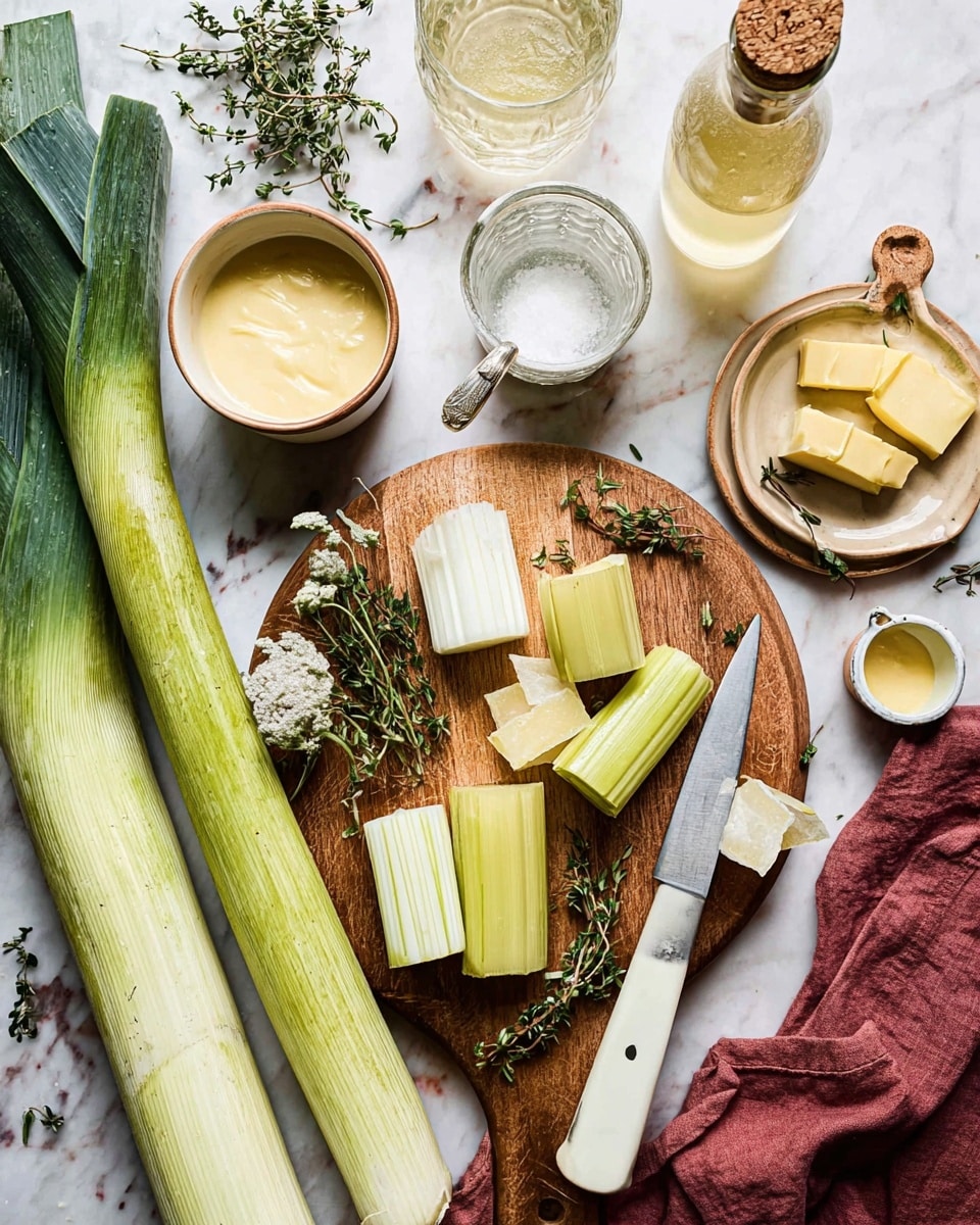 The image shows a wooden cutting board on a white marbled surface with fresh green leeks, some whole and some cut into thick light green and pale yellow pieces with a smooth texture. To the side, there is a sharp silver knife with a white handle resting on the board. Around the board are sprigs of fresh thyme, a small white bowl of white cream, a glass jar with creamy yellow mustard and a wooden spoon inside, a clear glass cup of water, a clear ribbed bottle filled with a pale yellow liquid with its cork on the surface nearby, and a small beige plate holding two pieces of yellow butter. A dark red cloth is partially visible beneath some of the items. The scene is well lit with a natural, fresh look, photo taken with an iphone --ar 4:5 --v 7