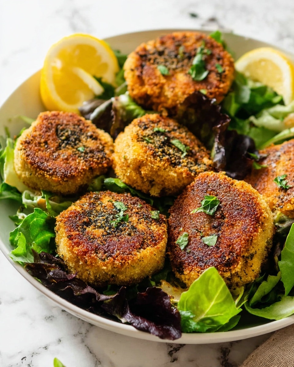 The image shows six golden-brown patties with a crispy texture, lightly sprinkled with green herbs on top. These patties are arranged on a bed of fresh mixed greens with dark and light green leaves, placed inside a white bowl. There are a couple of wedge-shaped lemon slices on the side of the bowl adding a bright yellow color. The background is a white marbled surface with soft lighting that highlights the texture of the patties and greens. photo taken with an iphone --ar 4:5 --v 7