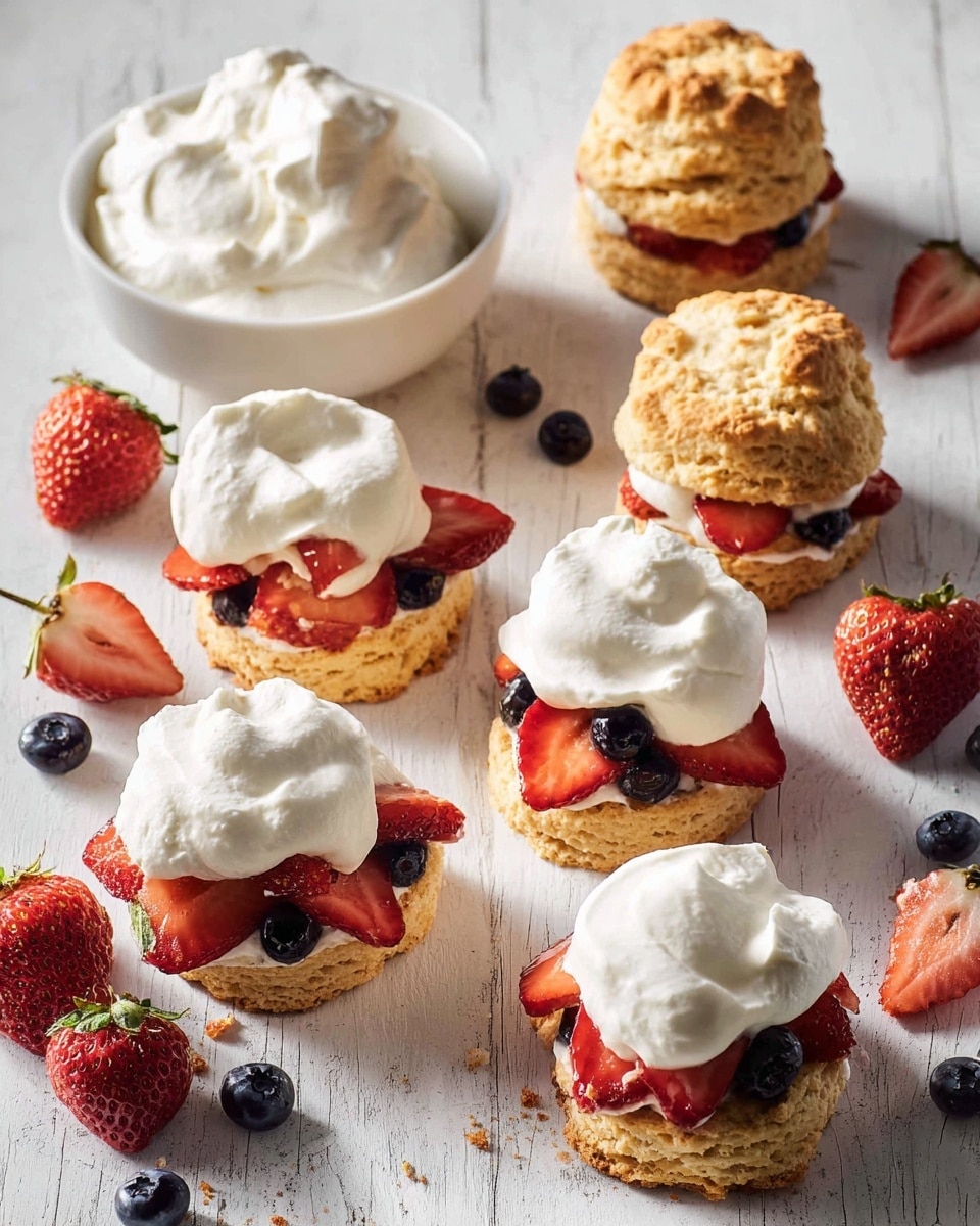 The image shows seven shortcake desserts on a white marbled textured surface, each made of two layers of golden-brown biscuit with a rough texture; the bottom biscuit layer holds a layer of fresh red strawberry slices and small dark blue blueberries, topped by a thick dollop of white whipped cream before being covered by the top biscuit layer or additional whipped cream and fruit. There are extra strawberries and blueberries scattered on the surface around the shortcakes, and a white bowl filled with whipped cream is placed at the upper left corner of the image. photo taken with an iphone --ar 4:5 --v 7