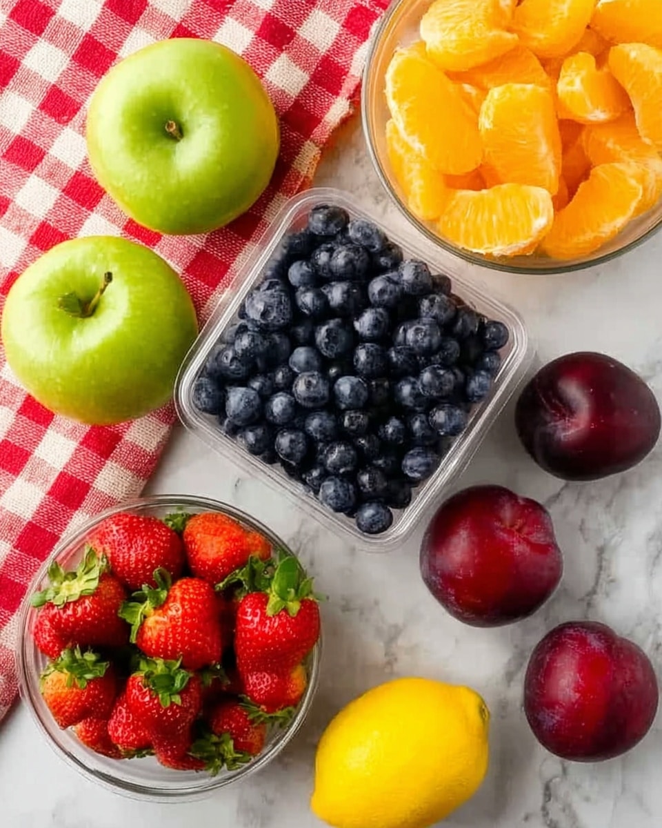 A variety of fresh fruits are arranged on a white marbled surface next to a red and white checkered cloth. In the center, there is a clear plastic container full of dark blue blueberries. Around it are two bright green apples on the left, two deep red plums on the right, and a bowl filled with bright orange mandarin slices at the top. At the bottom, a clear bowl holds fresh red strawberries with green leaves. A whole yellow lemon lies near the blueberries. The colors are vibrant, and each fruit shows a natural texture, giving a fresh and inviting look. photo taken with an iphone --ar 4:5 --v 7