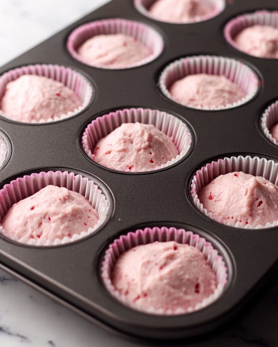 Several cupcake liners filled with light pink batter sit in a dark muffin tray. Each liner has a delicate white and pink edge and is about three-quarters full of smooth, slightly textured batter. The muffin tray rests on a white marbled surface. The batter has a soft and creamy look with small bits of red visible in some cups. Photo taken with an iphone --ar 4:5 --v 7