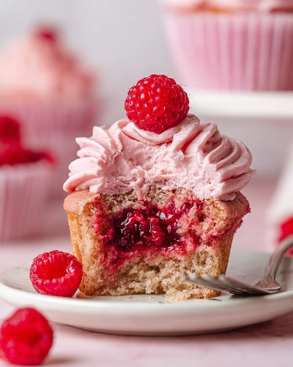 A cupcake is shown with three clear layers: the bottom layer is a light brown, soft cake with a moist texture; the middle layer is a bright red raspberry filling, thick and juicy, oozing slightly from the center; the top layer is a thick swirl of light pink frosting with a smooth and creamy texture, topped with a whole fresh raspberry. The cupcake sits on a white plate with a white marbled surface underneath, and a raspberry is placed next to the cupcake. In the background, blurred pink cupcake liners and a woman's hand holding a fork can be seen. photo taken with an iphone --ar 4:5 --v 7