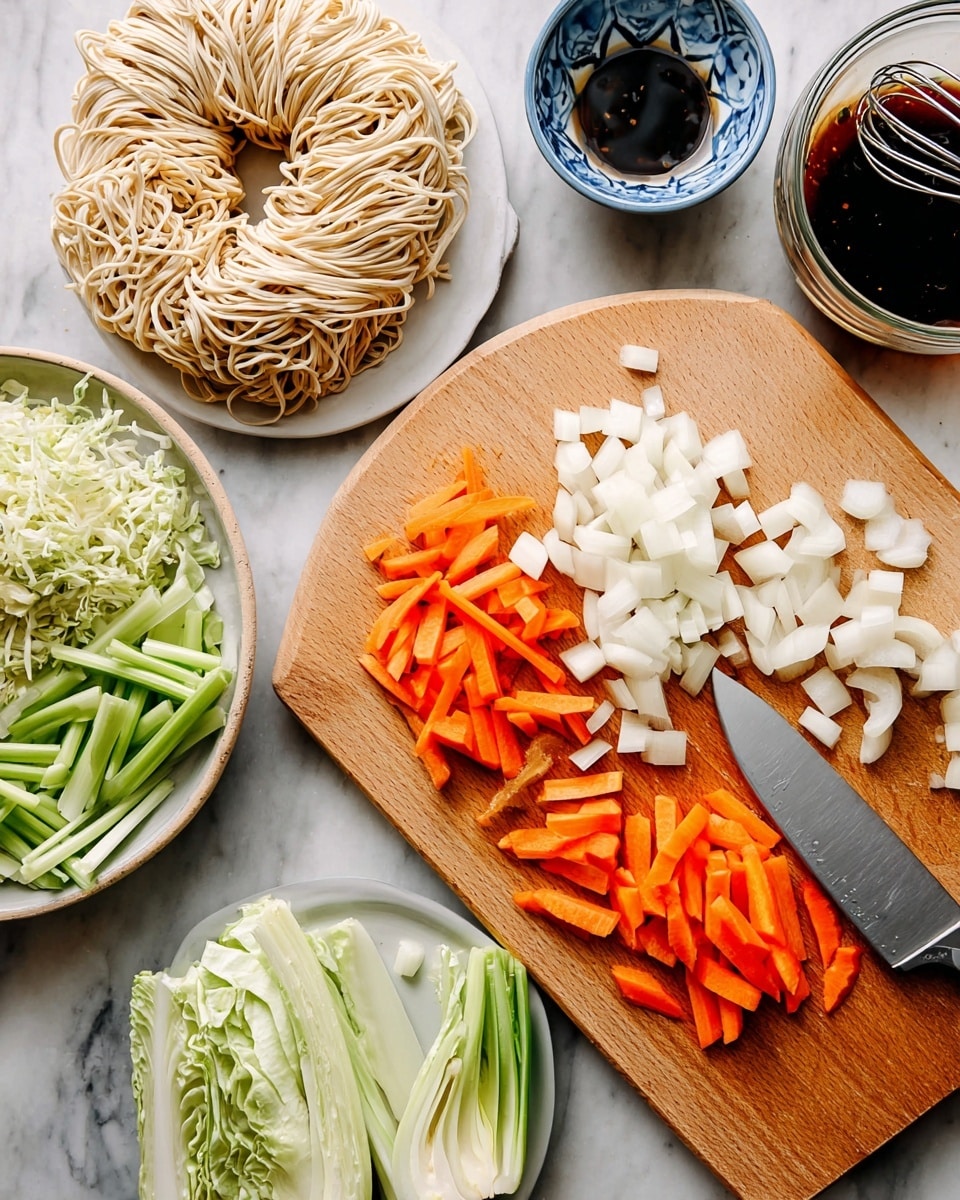 The image shows a wooden cutting board on a white marbled surface, with sliced white onions on the right and bright orange carrots cut into sticks and chunks in the center. A large silver knife with a black handle lies on the board near the carrots. To the left, a round nest of uncooked pale yellow noodles rests directly on the marbled surface. Small white bowls hold light green shredded cabbage and beige bean sprouts. Nearby are green onion stalks and light green napa cabbage pieces on a white plate, plus some celery sticks in a small bowl with a blue pattern. Garlic cloves and a glass bowl with dark brown sauce and a whisk are also on the marbled surface, showing all fresh ingredients. Photo taken with an iphone --ar 4:5 --v 7