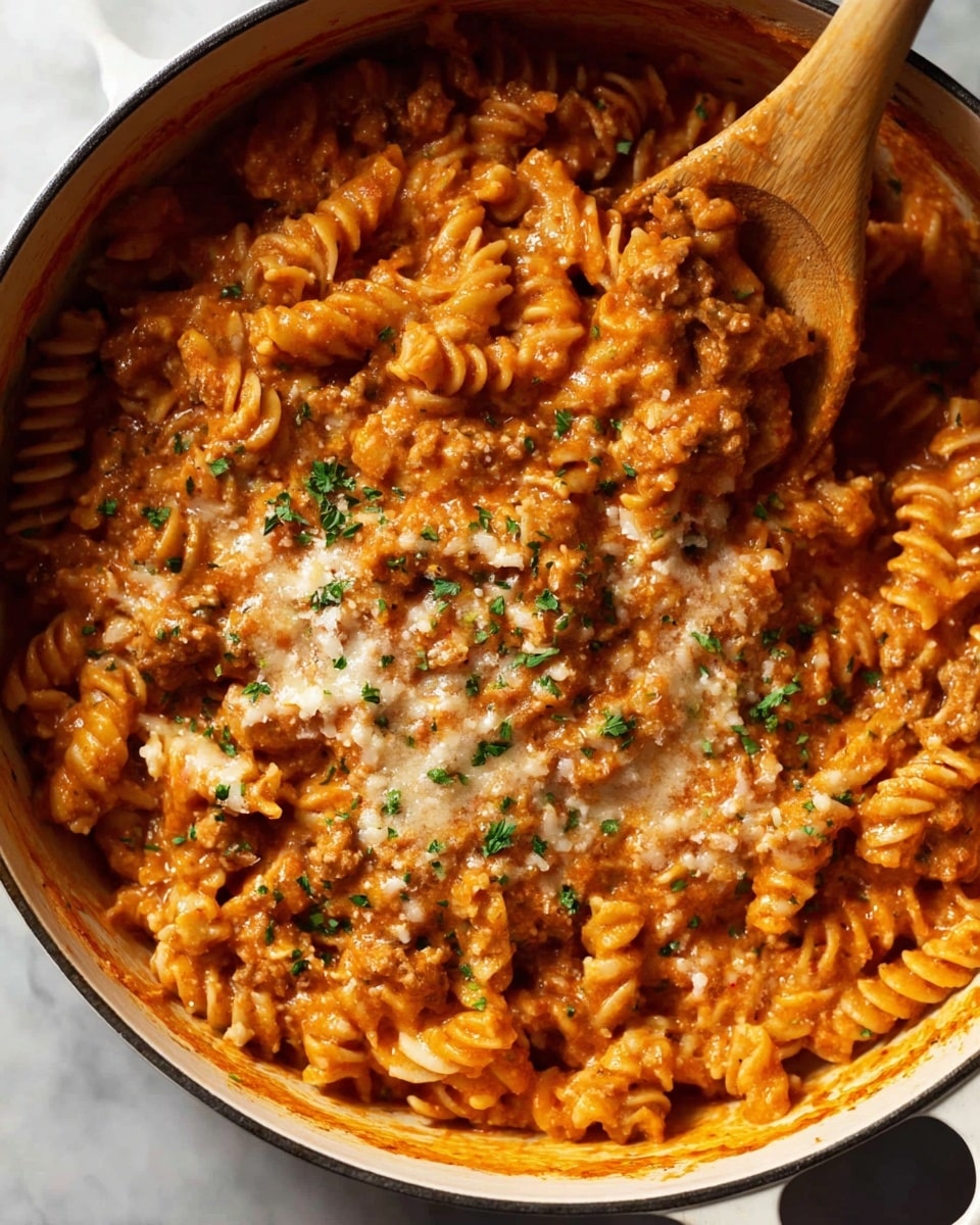A close-up view of a white pot filled with rotini pasta mixed in a thick reddish-orange sauce with visible bits of meat. The pasta is covered with a topping of grated cheese and small green herb pieces scattered on top. A wooden spoon is placed inside the pot, lifting some pasta, showing its spiral shape and creamy texture. The white marbled surface is barely visible around the pot edges. photo taken with an iphone --ar 4:5 --v 7