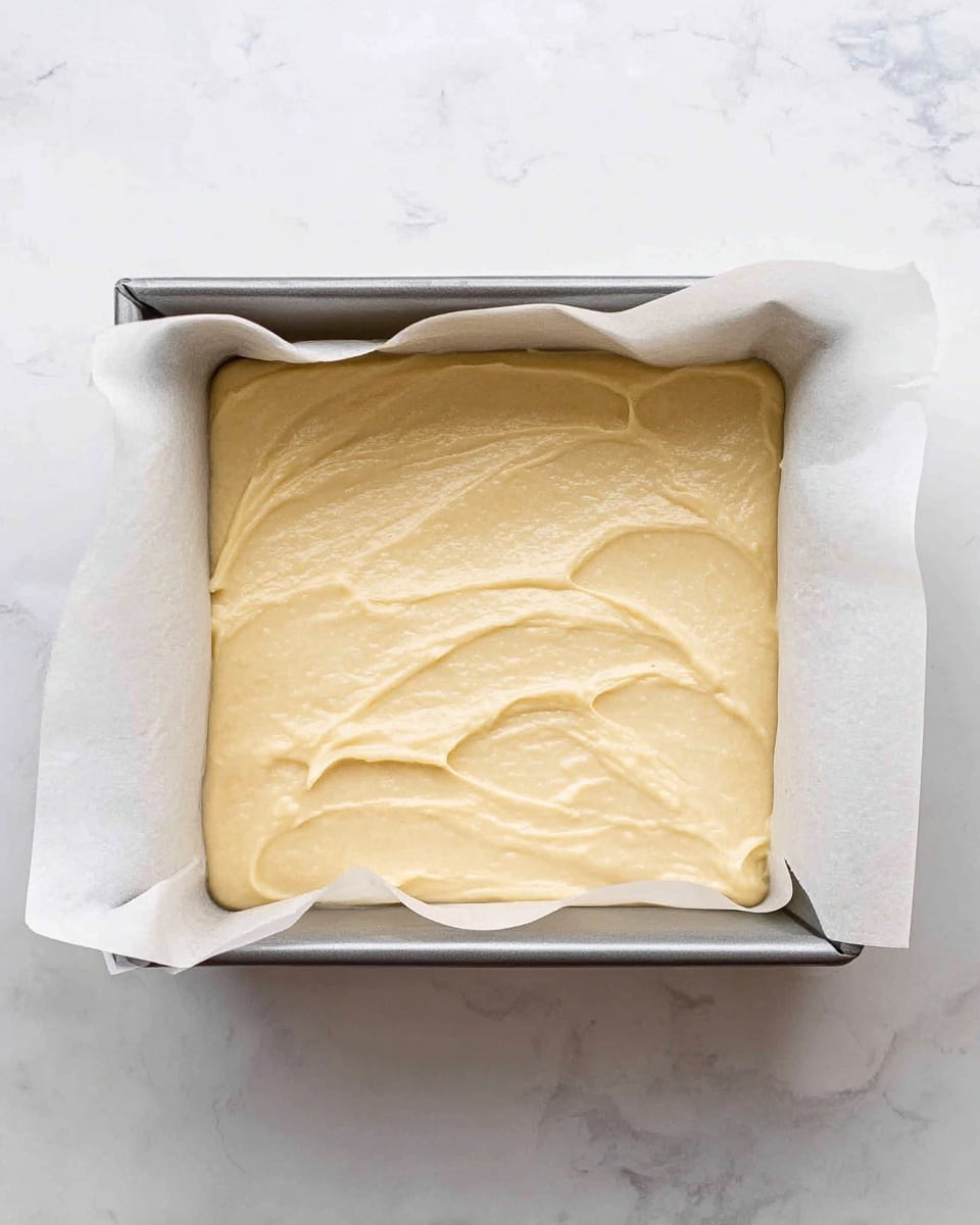 A metal square baking pan lined with white parchment paper holds a single thick layer of pale yellow cake batter, spread smoothly but with some visible soft peaks and swirls on the surface, sitting on a white marbled background photo taken with an iphone --ar 4:5 --v 7