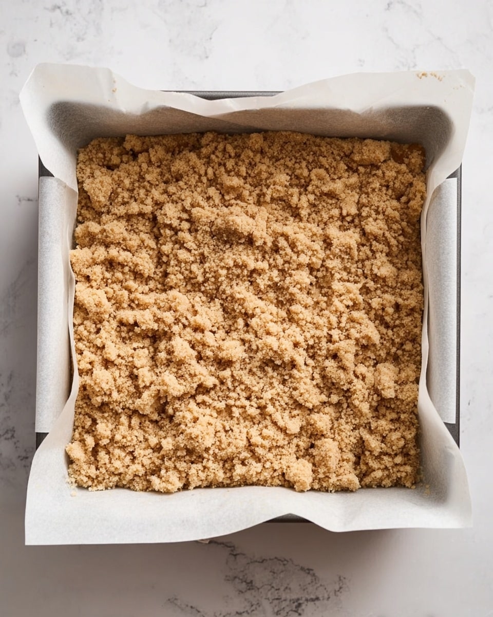 The image shows a square baking pan lined with white parchment paper extending beyond the pan edges. Inside the pan is a thick, uneven layer of crumbly, light brown streusel topping, with a rough textured surface made up of small and medium-sized crumbs. The pan rests on a white marbled surface. photo taken with an iphone --ar 4:5 --v 7