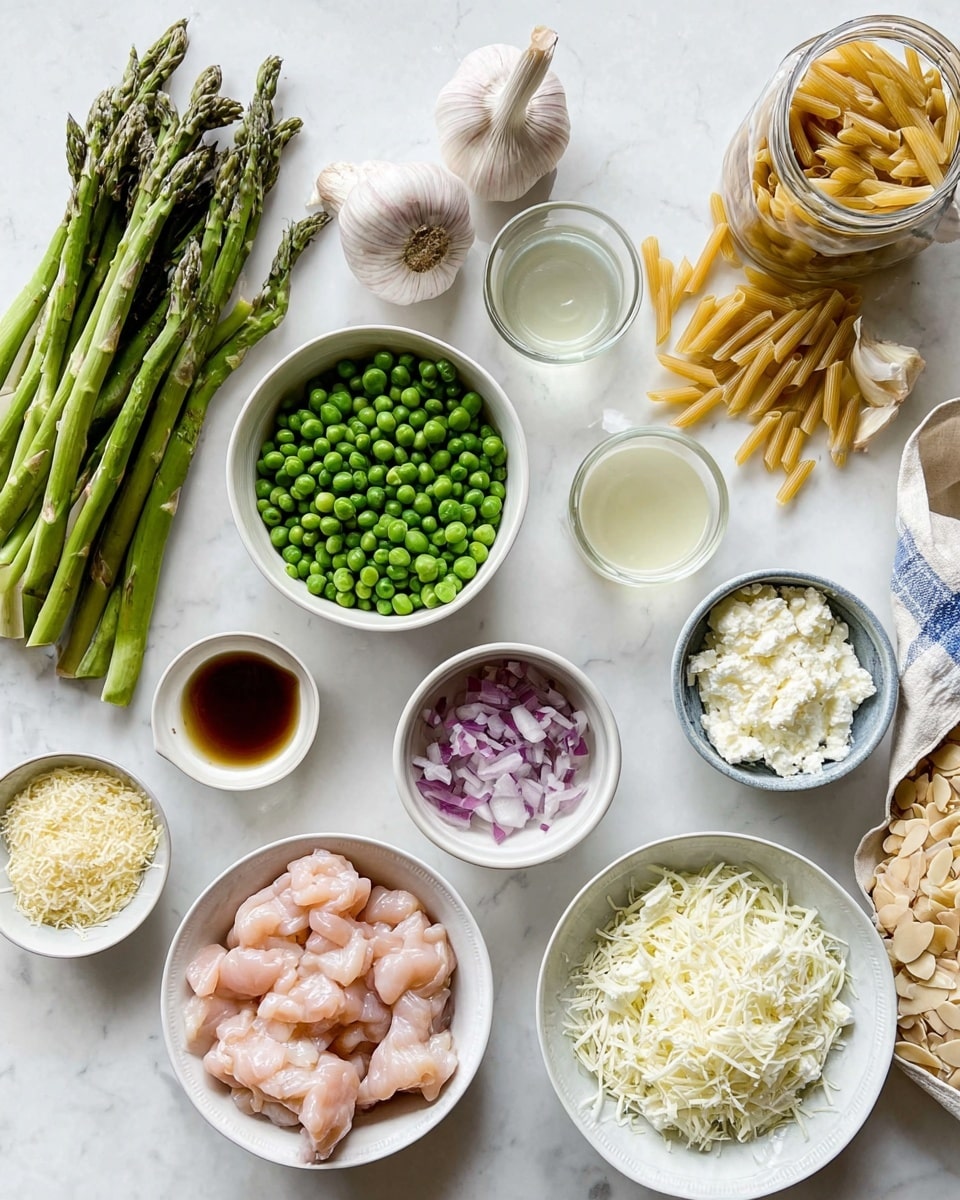 The image shows fresh ingredients arranged on a white marbled surface. On the left, there are fresh green asparagus stalks, with whole garlic bulbs and a small bowl of grated ginger near them. Moving towards the center, there are three bowls: the top contains light green frozen peas, the middle has finely chopped red onions, and the bottom holds small pieces of raw light pink chicken in a white bowl. Above the chicken bowl, there are three small containers, one with a clear pale liquid, one with a small amount of dark brown liquid, and a small white plate with finely grated pale yellow cheese. To the right, there’s a white bowl filled with creamy white soft cheese, and above it, a jar with sliced almonds. Next to the jar, dry short pasta is spilling out of an open white and blue bag. photo taken with an iphone --ar 4:5 --v 7