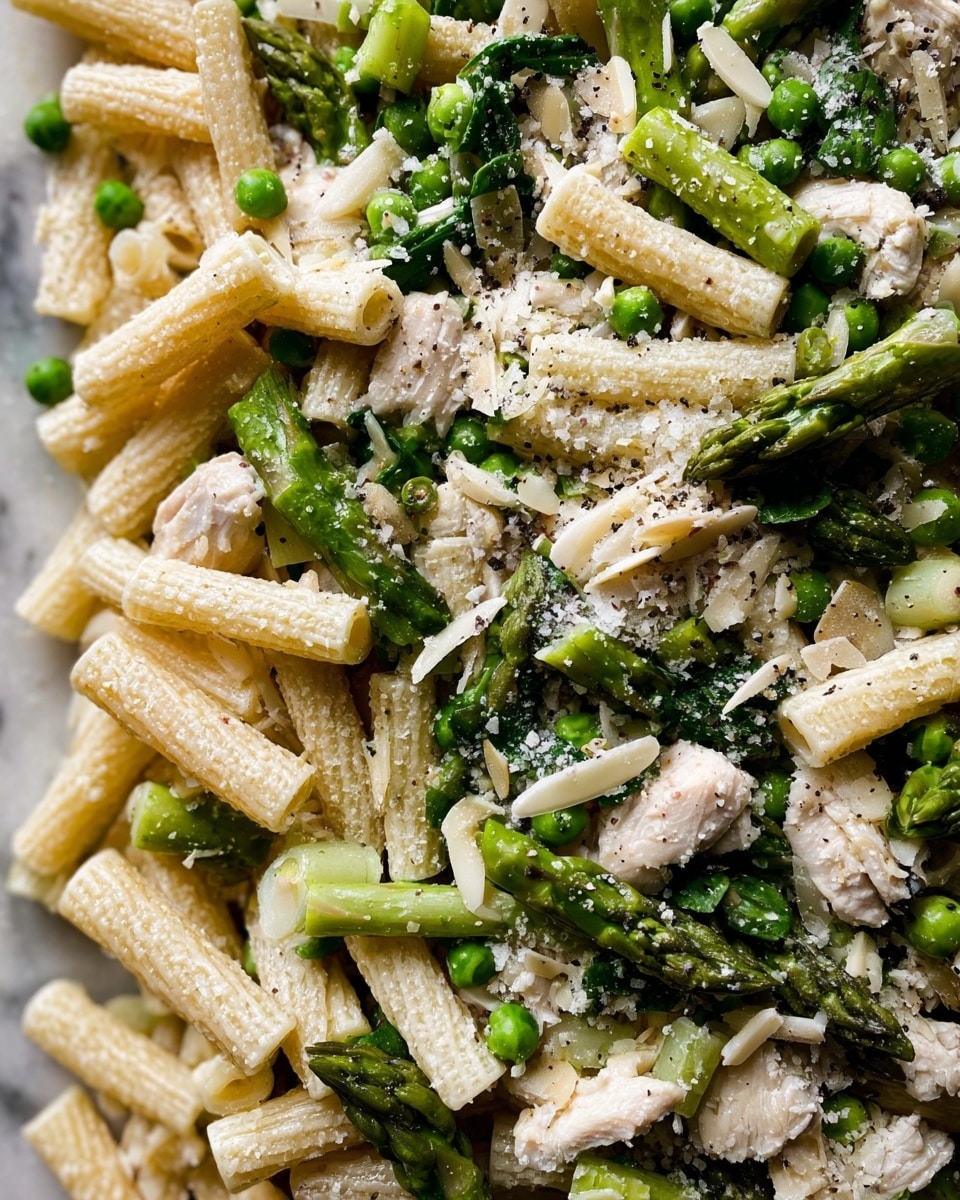 This image shows a close-up of a pasta dish with three main layers mixed together. The bottom layer is light beige pasta sticks with a soft texture, spread evenly. The middle layer has green asparagus pieces cut into small sections that show dark green tips and lighter green stems. There are also small bright green peas scattered within. The top layer has small chunks of white cooked chicken and thin white almond slices spread across. The whole dish is sprinkled with grated white cheese and black pepper, giving a speckled look on top. The background is a white marbled surface. photo taken with an iphone --ar 4:5 --v 7