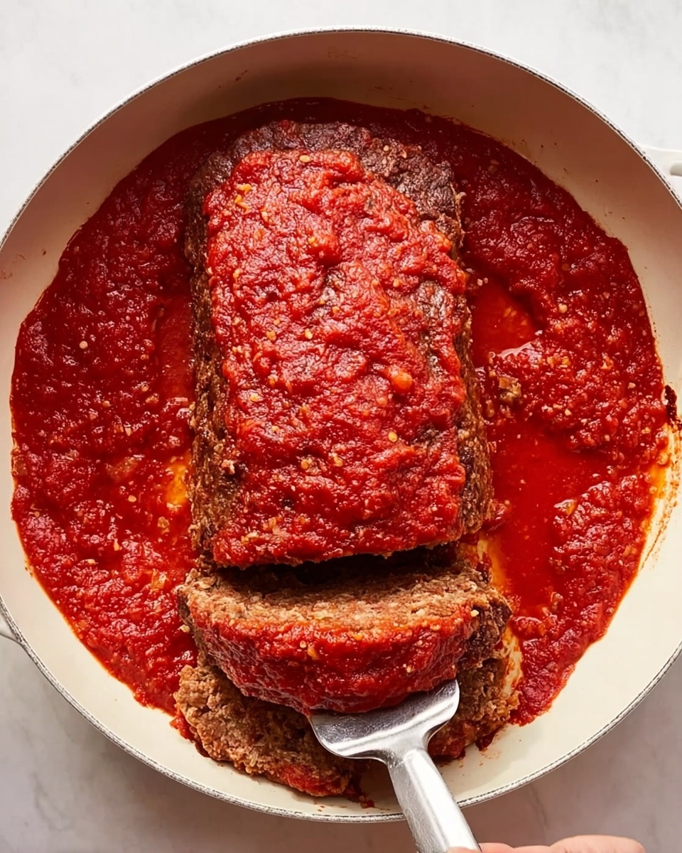 A thick rectangular meatloaf sits in the middle of a white round pan filled with chunky red tomato sauce, covering about half of the meatloaf's surface on top and around its edges. The sauce has a slightly coarse texture with visible bits of tomato, spreading evenly across the pan's bottom and sides. A metal spatula held by a woman's hand lifts a slice of the meatloaf, showing its dark brown outer crust and a dense, lump-textured interior that contrasts with the bright red sauce. The pan has a smooth finish, and it rests on a white marbled surface. Photo taken with an iphone --ar 4:5 --v 7