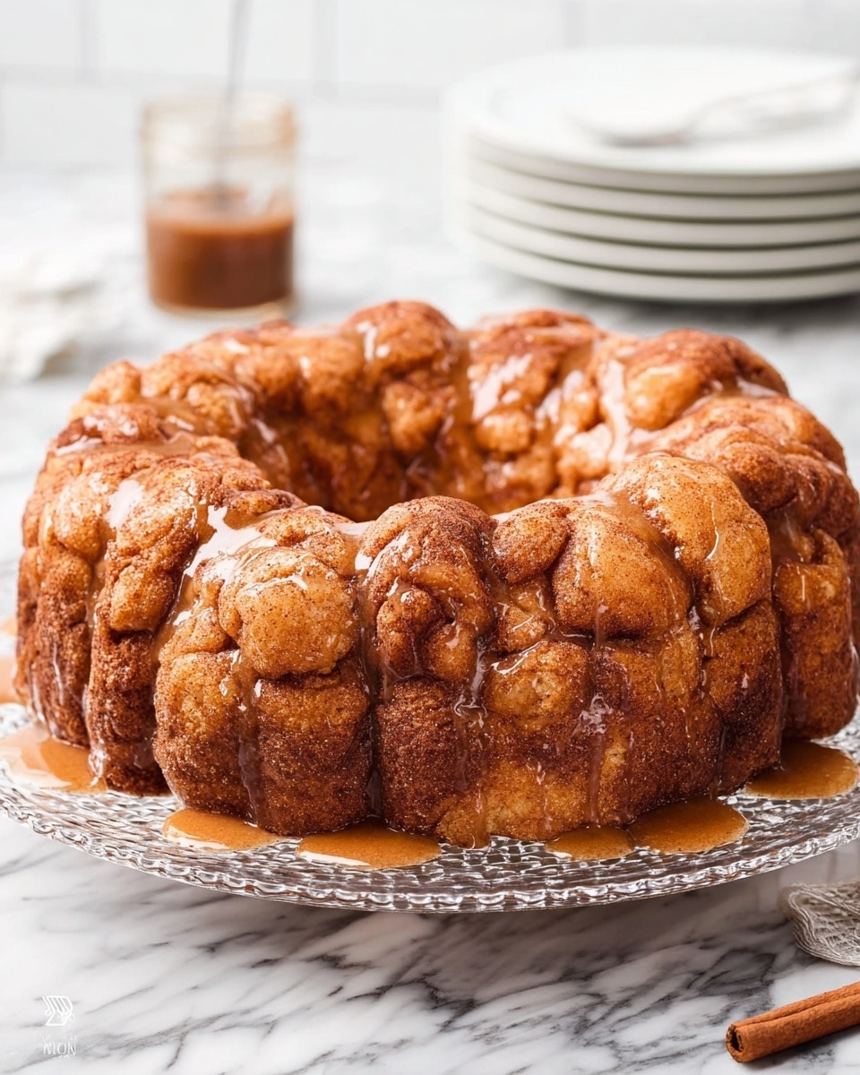 A round cake made of many small, rough textured brown dough pieces stuck together, forming a ring shape with a hollow center. The dough pieces show different shades of golden brown to darker brown with some cinnamon sprinkled on top. A shiny glaze with a light brown color coats the entire surface, giving a sticky look that softly drips down the sides. The cake sits on a clear, decorative glass plate placed on a white marbled surface. In the background, there is a small glass jar of brown sauce and stacked white plates. Photo taken with an iphone --ar 4:5 --v 7