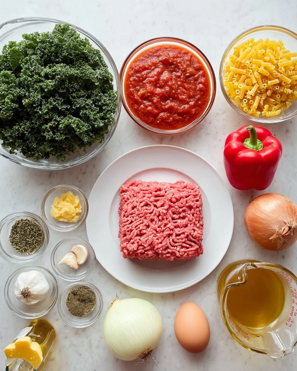 The image shows a clean, organized layout of fresh cooking ingredients placed on a white marbled surface. In the center is a white plate holding a block of raw pink ground meat with a textured, slightly patterned surface. To the left, there is a clear glass bowl filled with curly dark green chopped kale, beside that a smaller glass bowl with small yellow dry pasta. In the top left, a medium glass bowl is filled with chunky red tomato sauce with visible herbs. Near it, two small glass bowls hold different dried green seasonings and peeled white garlic cloves. A red bell pepper and two yellow onions sit next to a small wedge of pale yellow cheese with a rough edge. At the bottom in the middle is a clear measuring jug filled with light brown broth. On the right side above the plate is a brown egg beside a small glass bottle of olive oil. The whole scene is bright, tidy, and clearly displayed with natural light, photo taken with an iphone --ar 4:5 --v 7
