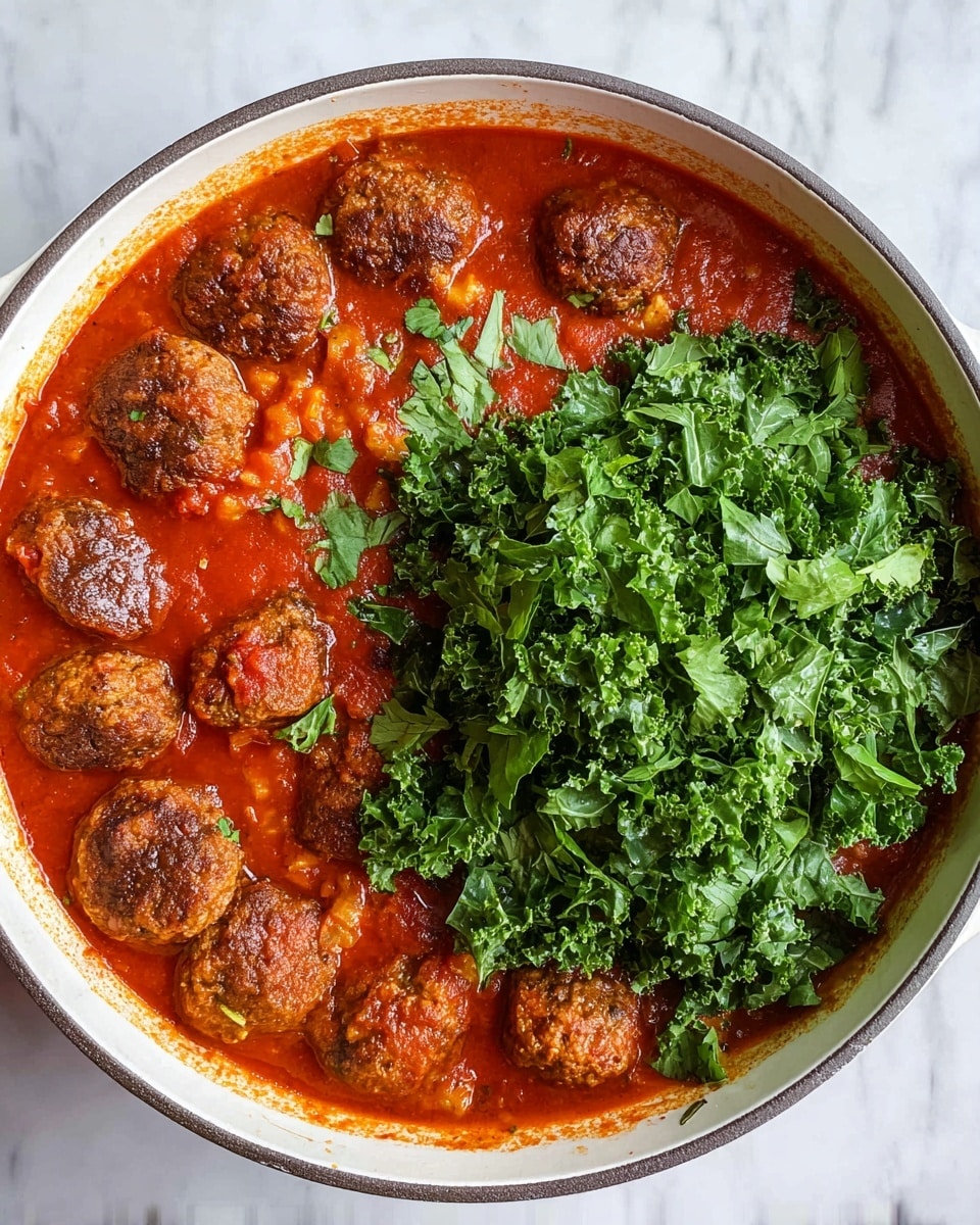 A large white pot filled with tomato sauce covering many brown meatballs placed around the edges, with chopped fresh green kale piled high on one side, showing the contrast between the rich red sauce, browned meatballs, and bright leafy green kale, all set on a white marbled surface photo taken with an iphone --ar 4:5 --v 7