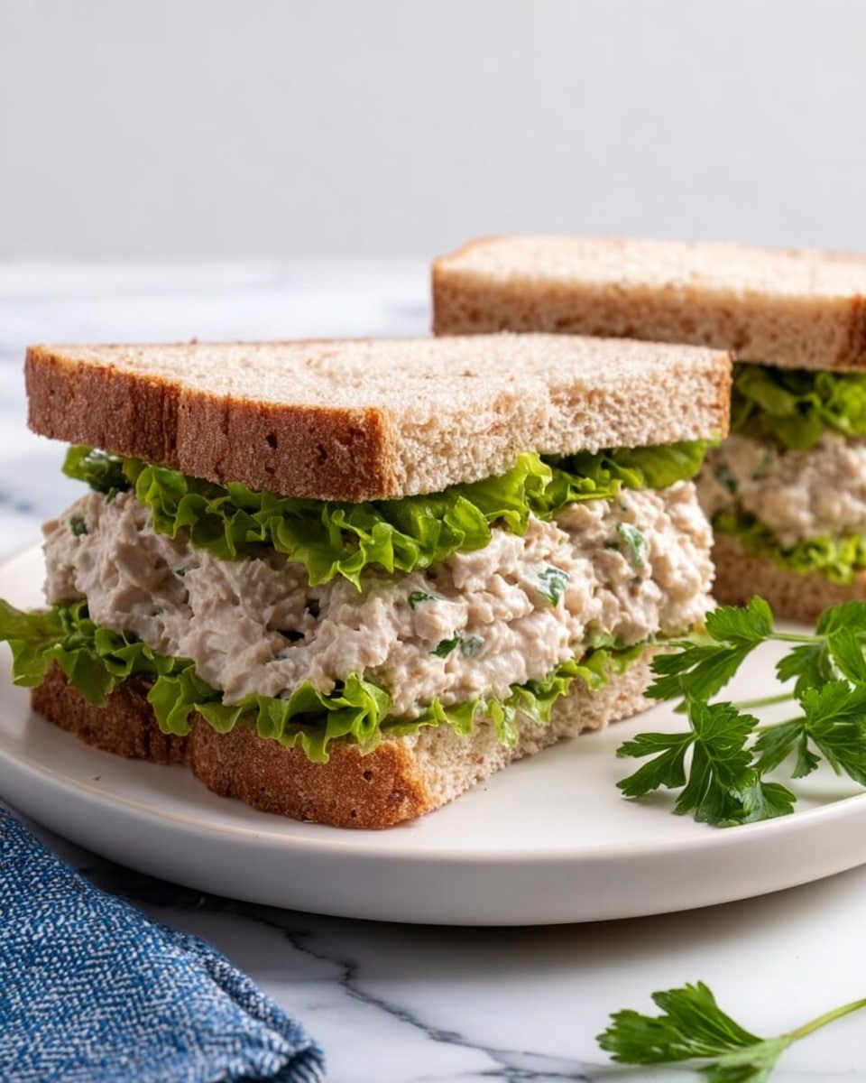 Two sandwiches sit on a white plate on a white marbled surface. Each sandwich has three layers: the top and bottom layers are light brown whole wheat bread slices with a slightly rough texture. The middle layer is a thick spread of creamy, light beige tuna salad mixed with small bits of green herbs. Below the tuna salad, fresh, bright green curly leaf lettuce adds a crisp layer. To the side of the plate, there is a small bunch of fresh green parsley. A blue cloth napkin with a subtle herringbone pattern is partially visible near the plate. Photo taken with an iphone --ar 4:5 --v 7