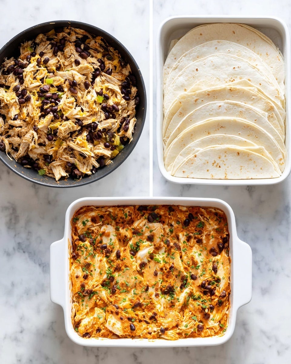 The image shows three stages of making a layered dish. On the left, a black pan filled with shredded chicken mixed with black beans, chopped green herbs, and yellow pieces sits on a white marbled surface. In the middle, a white baking dish on a white marbled surface contains a single layer of large, flat, white tortillas arranged to cover the bottom evenly with some overlap. On the right, the same white baking dish has the tortilla layer topped with the chicken and black bean mixture, which is coated in a reddish-orange sauce and sprinkled with bits of green herbs. Photo taken with an iphone --ar 4:5 --v 7