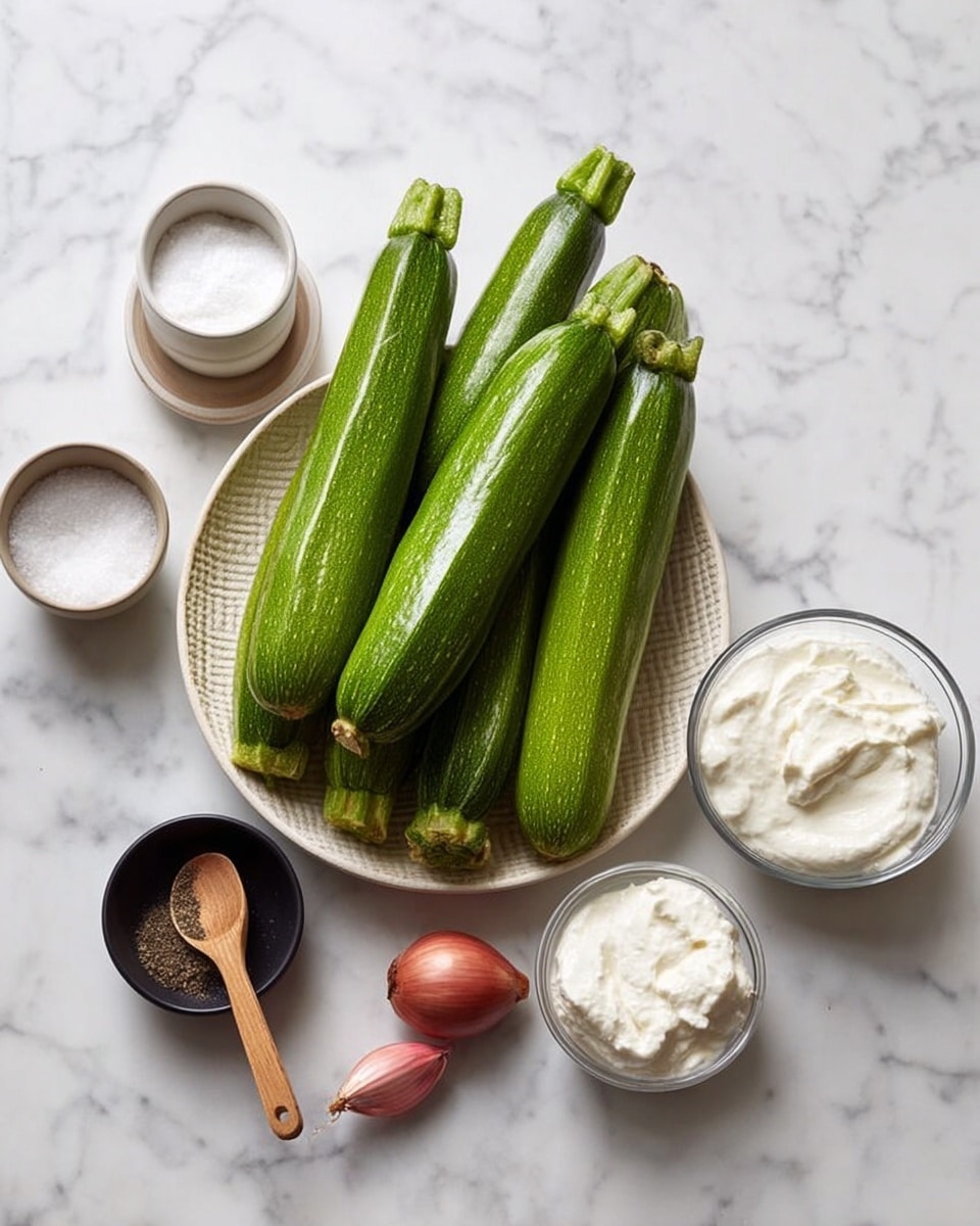 A white woven bowl in the center holds seven fresh green zucchinis with shiny skin, arranged with their stems facing up. To the left, on a white marbled surface, there are two small bowls stacked vertically: the top one is white and filled with white salt and a small wooden spoon, the bottom one is black and filled with ground black pepper and also has a small wooden spoon. In front of these bowls, there is one whole garlic bulb and one small red onion placed side by side. To the right of the zucchinis, two glass bowls are placed vertically on the white marbled surface; the top bowl contains white cream cheese with a slightly rough surface, and the bottom bowl holds smooth white yogurt. photo taken with an iphone --ar 4:5 --v 7