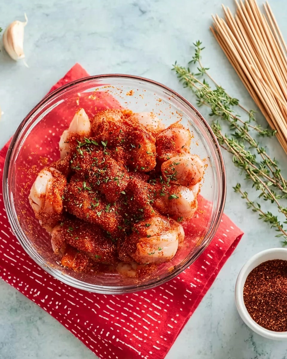 BBQ Chicken Skewers Recipe 4 A clear glass bowl sits on a white marbled surface, filled with raw chicken pieces coated with a thick layer of red spices and sprinkled with green herbs. Underneath the bowl is a red cloth with a white dotted border, adding a splash of color against the pale background. To the right, thin wooden skewers lie in a neat bundle, and to the left, fresh green sprigs of thyme rest casually on the surface. A small white bowl with dark red spice mix is partially visible in the corner. Photo taken with an iphone --ar 4:5 --v 7