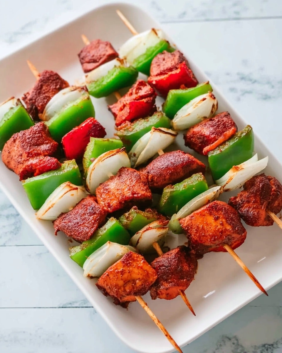 BBQ Chicken Skewers Recipe 5 The image shows five skewers laid out in a white rectangular dish on a white marbled surface. Each skewer has three layers of reddish-brown cooked meat pieces, alternating with green bell pepper chunks and white onion wedges. The colors are vibrant with the spicy reddish meat contrasted by the fresh green and crisp white of the vegetables. The texture of the meat looks slightly rough and grilled, while the vegetables have a smooth, fresh appearance. Photo taken with an iphone --ar 4:5 --v 7