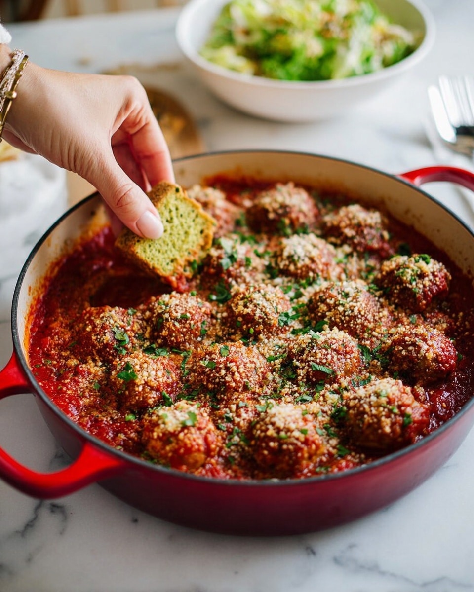 A red enameled pan filled with meatballs covered in red tomato sauce, topped with a layer of light brown breadcrumbs and sprinkled with green chopped herbs. A woman's hand is dipping a square piece of green and yellow bread into the sauce on the left side of the pan. In the background, on a white marbled surface, there is a white bowl with green salad and a fork on the right side. Photo taken with an iphone --ar 4:5 --v 7