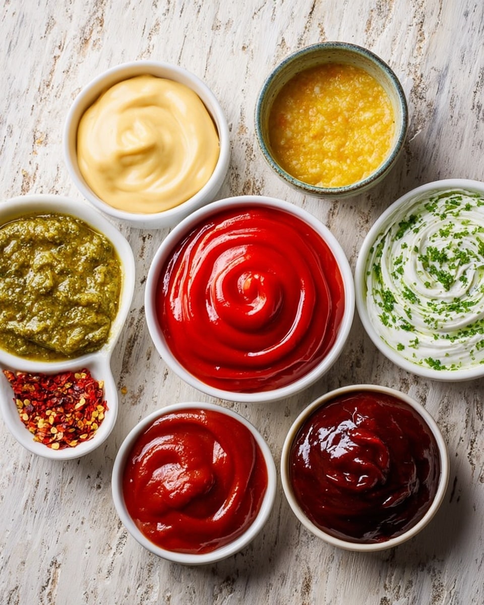 There are eight white bowls each filled with different sauces, placed on a white marbled texture. The largest bowl in the center contains smooth, bright red sauce with a spiral swirl on top. Surrounding it, starting from the top left and going clockwise, are a bowl with creamy pale yellow sauce with soft waves, a small bowl with chunky yellow mustard with small seeds, a bowl with thick white sauce with green herbs swirled on top, a bowl filled with glossy dark red sauce, a bowl with a chunky green pesto-style sauce, a small bowl with thin red chili sauce with pepper flakes, and a bowl with thick dark red barbecue-like sauce with a smooth top. photo taken with an iphone --ar 4:5 --v 7