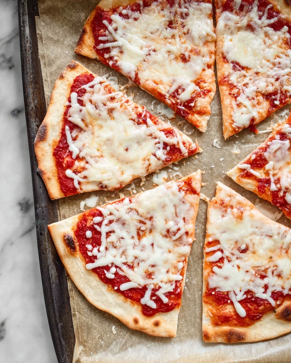 The image shows a flat pizza cut into five slices arranged on a parchment paper-lined baking tray. The pizza has a thin, light golden brown crust with slightly darker spots around the edges. The base layer is a bright red tomato sauce visible mostly near the crust edges and some parts of the center. On top of the sauce is a layer of melted white cheese, spread unevenly with some areas showing more cheese than others. The cheese has melted into soft strands with a slightly moist texture. The pizza rests on a white marbled surface, and no other objects are visible in the frame. photo taken with an iphone --ar 4:5 --v 7