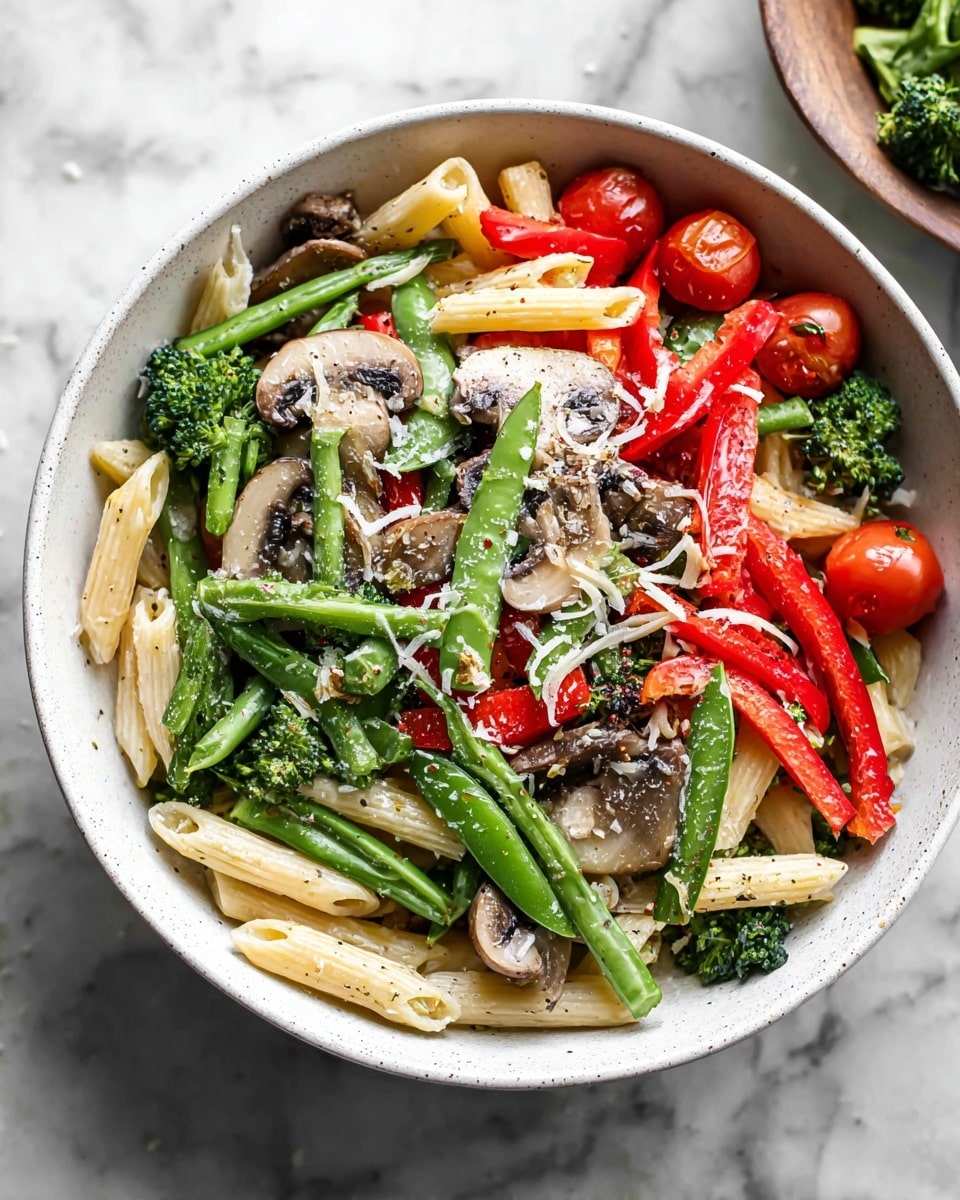 A white bowl filled with a colorful pasta salad sits on a white marbled surface. Inside the bowl, there are three main layers: at the bottom is penne pasta in a light cream color, mixed evenly with bright green snap peas and dark green broccoli florets. The top layer includes red bell pepper strips, halved cherry tomatoes showing their red interior, and sliced brown mushrooms. The dish is sprinkled with grated white cheese and small bits of black pepper, adding texture and contrast to the vibrant vegetables and pasta. Photo taken with an iphone --ar 4:5 --v 7
