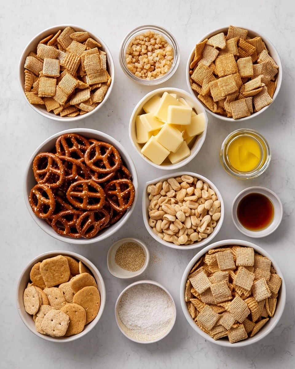 The image shows ten white bowls of different sizes arranged on a white marbled surface, each holding different snack and baking ingredients. In the center is a medium bowl filled with shiny, dark brown pretzels. Around it are nine other bowls: three large ones filled with light brown, medium brown, and pale tan square cereal pieces; a medium bowl of light yellow rectangular butter slices; a medium bowl full of light beige salted peanuts; a small bowl with some round tan crackers; two small bowls with fine beige and light brown powders; a small bowl of white salt and another small bowl with a darker beige powder. A small white bowl with yellow mustard and a small cup of dark brown syrup are also included. The bowls are neatly arranged with clear visibility of the textures and colors of all the contents, against a clean white marbled surface. photo taken with an iphone --ar 4:5 --v 7