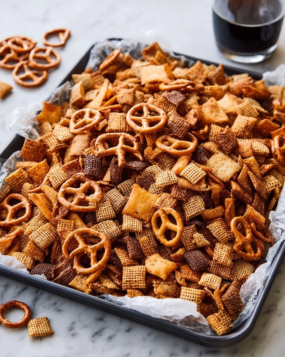 A black tray filled with a large pile of snack mix sits on a white marbled surface. The mix includes small, square, light brown cereal pieces with a woven texture, thin round pretzels in a medium brown color, and round, toasted bread chips that are golden to dark brown. The snacks are layered in a random but dense way with the pretzels and bread chips spread evenly throughout. The tray is lined with crumpled white parchment paper that folds up around the edges, adding texture under the snacks. In the background near the top of the image, there is a cup filled with a dark liquid. Photo taken with an iphone --ar 4:5 --v 7