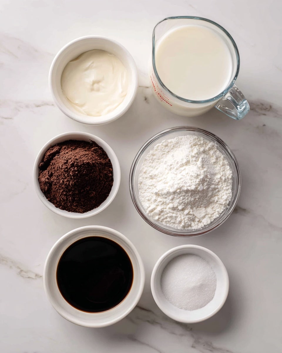 The image shows five small white bowls and a clear glass measuring cup placed on a white marbled surface. The top right features a clear glass measuring cup filled with white milk, while the top left contains a small white bowl with heavy cream that is light beige. Below them, three white bowls are arranged in a loose triangle: the bottom left bowl holds a dark brown hot chocolate mix, the bottom right bowl has dark, glossy chocolate syrup, and the center bowl contains fine, white powdered sugar. Each container is clearly labeled with black text above or beside the ingredients. Photo taken with an iphone --ar 4:5 --v 7