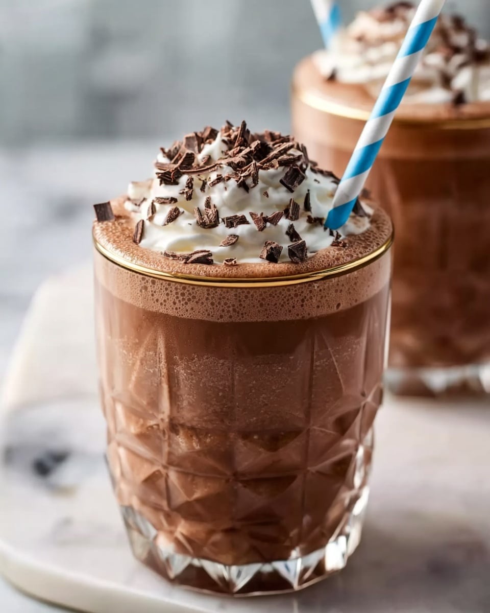The image shows a thick chocolate drink in a clear, faceted glass with a gold rim, almost full to the top. The drink is dark brown and creamy in texture. On top, there is a white whipped cream layer with smooth swirls. Small dark chocolate shavings are sprinkled over the whipped cream, adding texture and contrast. A blue and white striped straw is placed into the drink on one side. The glass is set on a surface with a white marbled texture, and in the background, there is a second glass with a similar drink and straw, slightly out of focus. The photo is taken with an iphone --ar 4:5 --v 7
