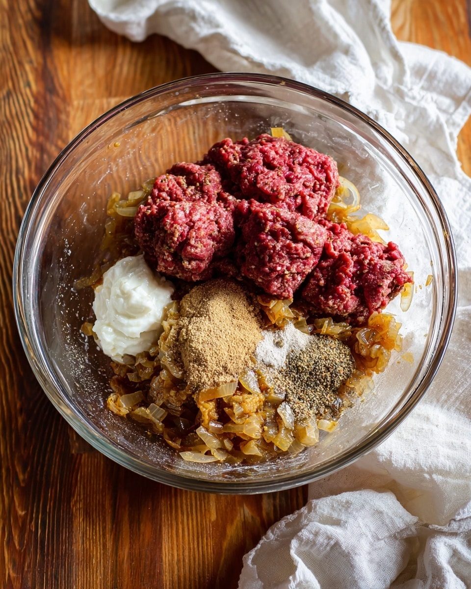 A clear glass bowl sits on a wooden surface with a white cloth nearby, filled with several layers of ingredients. The bottom layer shows a heap of cooked caramelized onions with a rich golden-brown color and soft texture. On top of the onions, there are large chunks of raw red ground meat, which appear textured and moist. To one side, there is a small dollop of white creamy substance beside a sprinkle of light brown powder and some black pepper, adding contrast to the reds and browns. The background is a wooden surface with the cloth draped casually around the bowl. Photo taken with an iphone --ar 4:5 --v 7