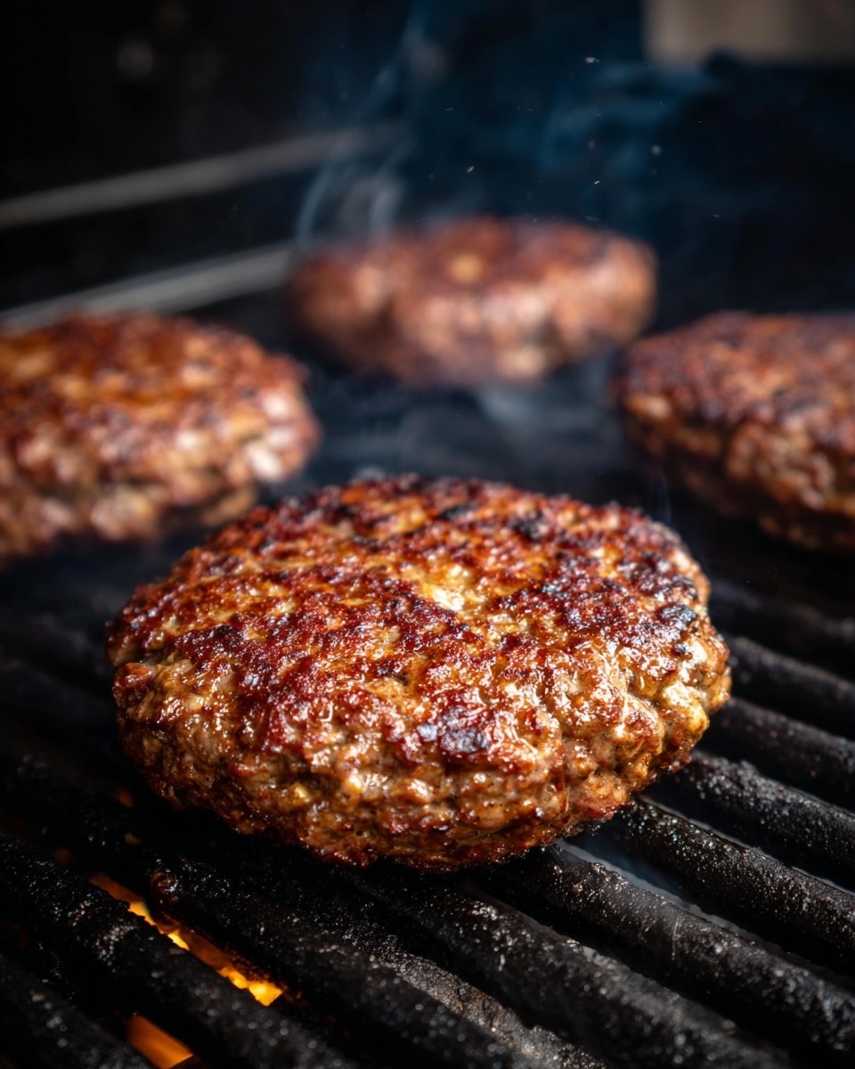 The image shows three thick, grilled burger patties cooking on black grill grates inside a grill. The patties have a well-browned, slightly juicy surface with a rough texture and small uneven bumps, indicating the cooking process. The background consists of the dark interior of the grill, and there are slight smoke and grill marks visible beneath the patties. The scene captures a close-up view focused on the patties in the foreground, with one patty more prominent and the others slightly blurred in the background. Photo taken with an iphone --ar 4:5 --v 7