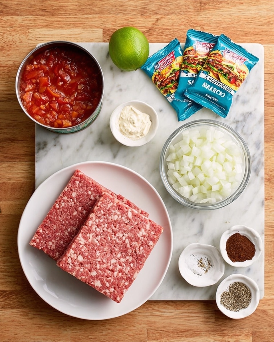 The image shows all the ingredients for a taco dish on a white marbled surface. In the center, two square layers of lean ground beef with a reddish-pink color and a slightly textured surface lie stacked on a white plate. To the right, there is a clear glass bowl filled with white diced onions, showing small cubed pieces. Near the bowl are two small white dishes: one holds dark brown cocoa powder with a fine texture, and the other has salt and black pepper with contrasting light and dark specks. Above these dishes, there is a small white bowl with creamy minced garlic. At the top left, an open can reveals bright red fire-roasted diced tomatoes with bits of green chiles. Next to it is a whole green lime, smooth and round. At the top right, two packets of blue taco seasoning sit side by side, with colorful images of tacos on their fronts. The whole setup is neatly arranged on a white marbled surface, photo taken with an iphone --ar 4:5 --v 7