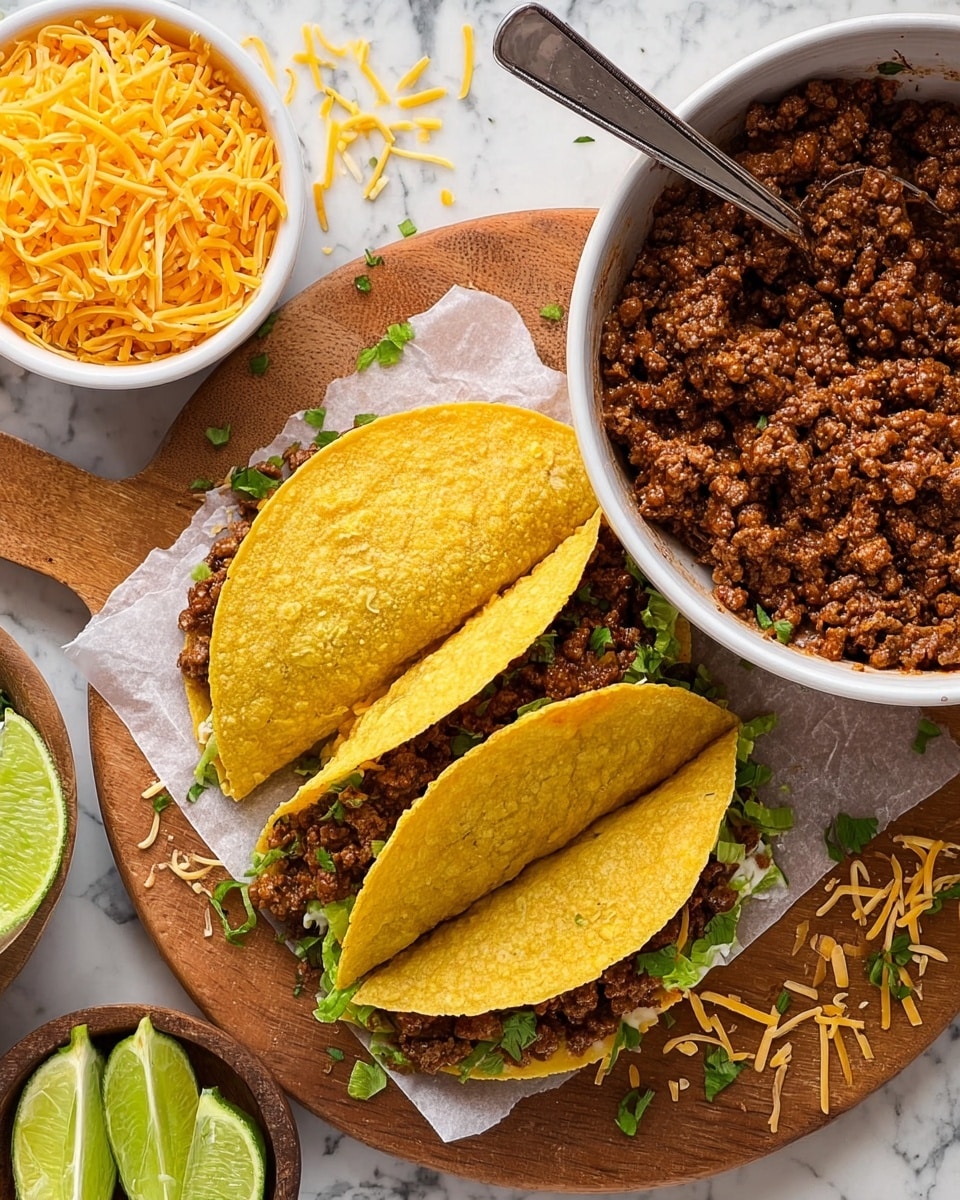 Three yellow taco shells filled with brown cooked beef, green lettuce, and orange shredded cheese lay on white parchment paper on a round wooden board. Next to the tacos is a white bowl filled with more bright orange shredded cheese. A larger white bowl on the board holds cooked, seasoned ground beef with bits of onion and green herbs scattered on top, and a silver spoon is resting inside the bowl. Some shredded cheese is scattered around on the wooden board, and a small white bowl with lime wedges is nearby. The background is a white marbled texture. Photo taken with an iphone --ar 4:5 --v 7