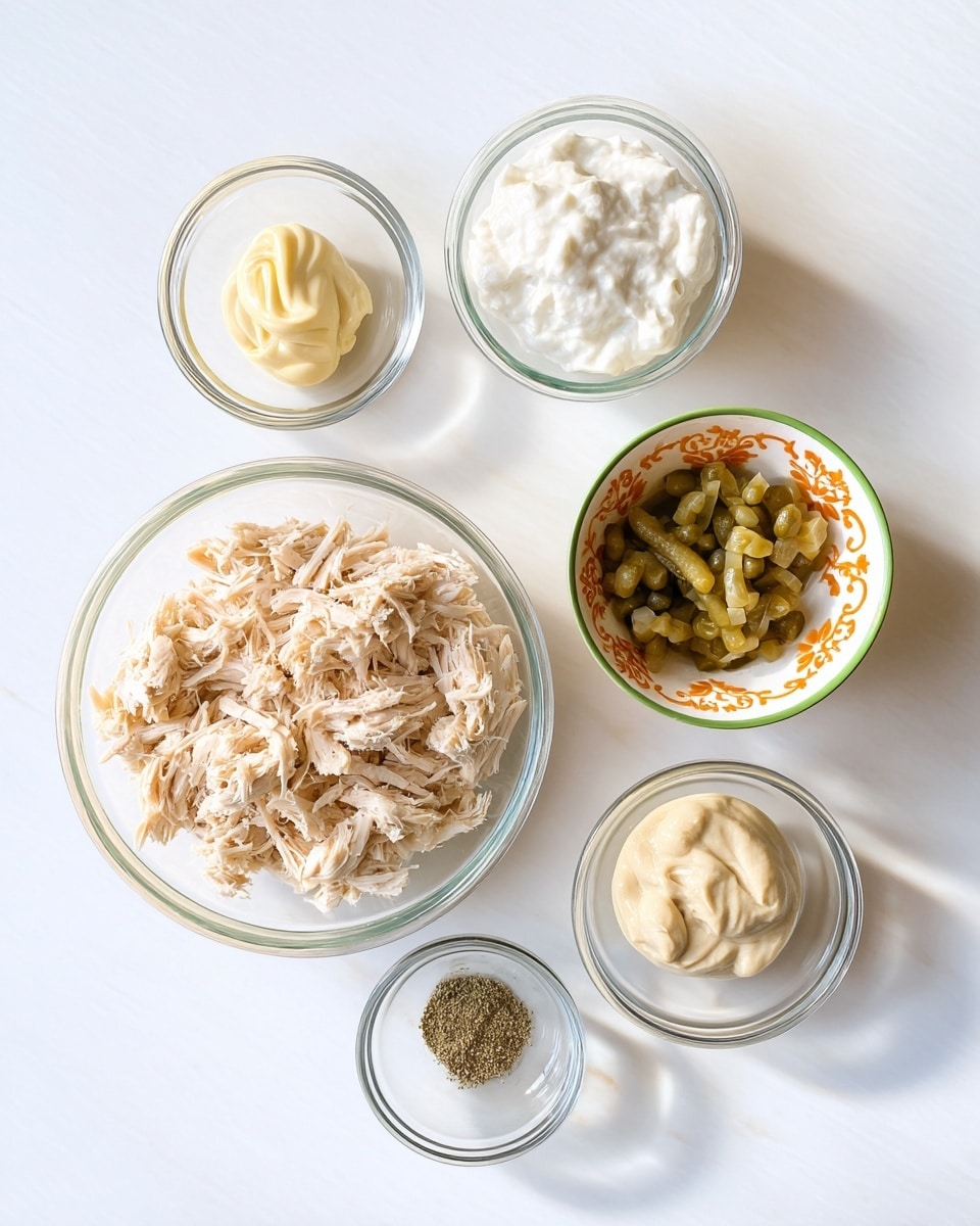 Six clear glass bowls are arranged on a white marbled surface. The largest bowl at the bottom left holds a large amount of light beige shredded chicken with a fibrous texture. To the right of it, a smaller bowl contains pale yellow mayonnaise with a smooth and creamy look. Above this is another small bowl holding two halves of dry powdered spices, one green and one pale beige. At the top right, a bowl with an orange floral pattern and green rim is filled with chopped pickles that are a translucent light green and beige. Above the shredded chicken is a bowl with thick white creamy yogurt. The smallest bowl centered at the top holds mustard with a smooth texture and a pale yellow-beige color. Photo taken with an iphone --ar 4:5 --v 7