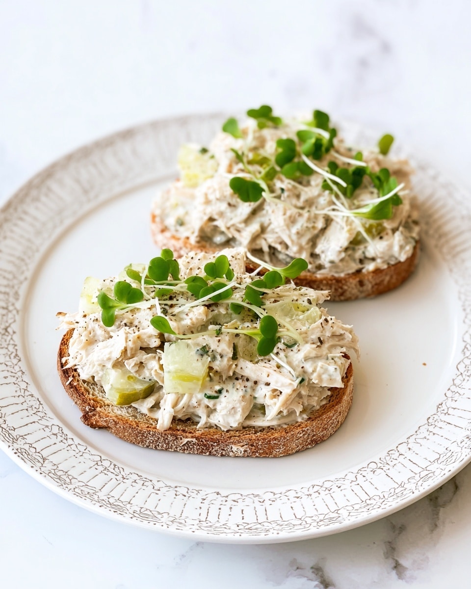 Two open-faced sandwiches sit on a white plate with a detailed patterned rim, placed on a white marbled surface. Each sandwich has a layer of brown toasted bread at the base, topped with a thick, creamy white chicken salad mixed with light green celery pieces and small pickle slices. The chicken salad is slightly textured with visible shredded chicken strands. On top, small bright green sprouts are scattered evenly, adding a fresh contrast to the creamy topping. The presentation is clean and bright. photo taken with an iphone --ar 4:5 --v 7