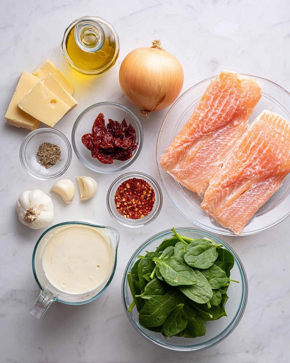 The image shows ingredients for a recipe placed neatly on a white marbled surface. On the right is a large clear bowl holding three raw pink-orange fish fillets with subtle white lines. Next to it on the upper side is a whole yellow onion with a papery skin. Below the onion, a small clear bowl contains dark red sun-dried tomatoes. Below that, there is a bunch of fresh green spinach leaves in a clear bowl. Near the center is a glass measuring jug filled with thick white cream. To the left of that, a small clear bowl holds red chili flakes. Above it is a small clear bowl with a mix of black pepper and salt. Near the top left corner is a glass bottle with golden olive oil. Next to the oil, pieces of hard pale yellow cheese lean against the surface. There are also three peeled garlic cloves placed near the sun-dried tomatoes. The light is bright and natural, showing every detail clearly photo taken with an iphone --ar 4:5 --v 7