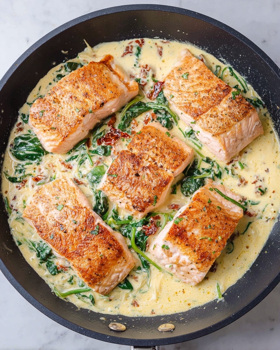 The image shows a black pan with four large pieces of cooked salmon, each with a golden-brown seared top, placed in a creamy sauce. The sauce is light yellow with visible fresh green spinach leaves and small red bits, possibly sun-dried tomatoes, mixed throughout. The salmon pieces are arranged closely but not touching, covering much of the creamy base with some sauce visible around the edges and between the fish. The pan sits on a white marbled surface. photo taken with an iphone --ar 4:5 --v 7