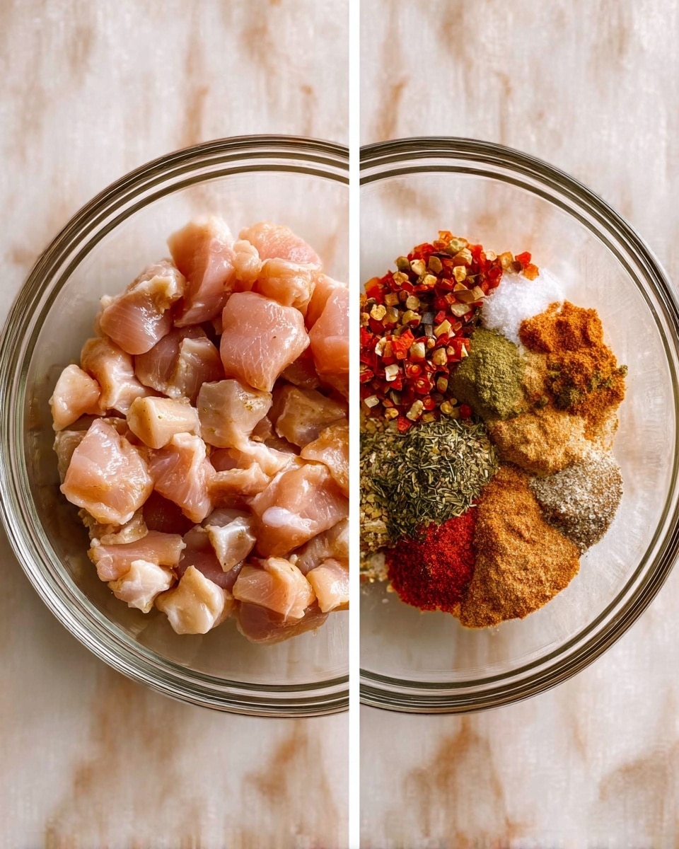 Two clear glass bowls are shown from above on a white marbled surface. The left bowl contains many small pieces of raw light pink chicken, unevenly shaped and piled. The right bowl has the same chicken pieces topped with several colorful spices: red chili flakes, green herbs, white salt, dark green powder, light brown powder, bright red powder, and a yellowish-brown powder. The spices sit in small piles over the chicken, creating a mix of red, green, white, and brown shades on top of the pink chicken. photo taken with an iphone --ar 4:5 --v 7