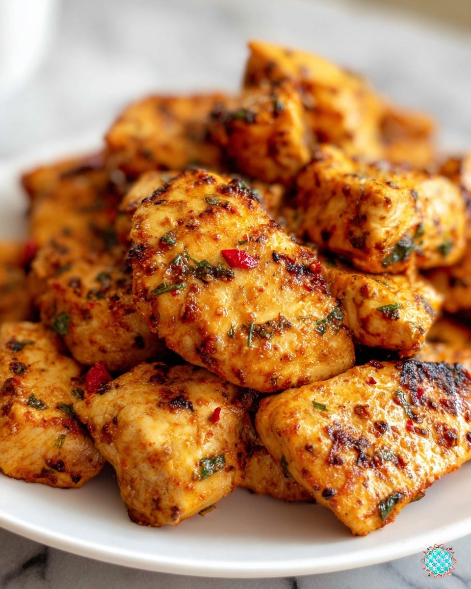 This image shows a close-up of several pieces of cooked chicken, all cut into medium-sized chunks with a golden brown color mixed with darker grilled spots and a coating of spices including small green herbs and red flakes. The chicken pieces have a slightly crispy texture on the outside and are piled up closely together on a white plate placed on a white marbled surface. Photo taken with an iphone --ar 4:5 --v 7