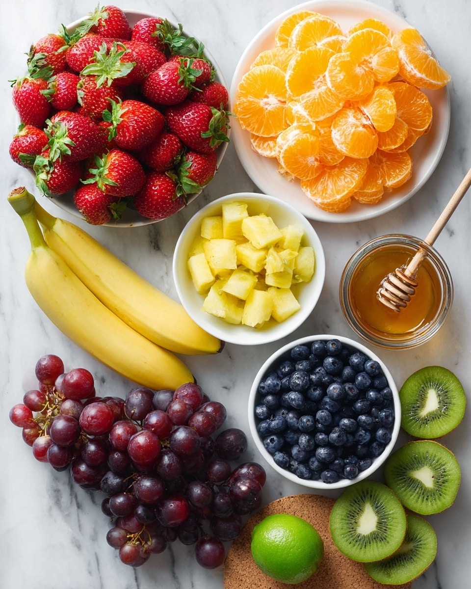 This image shows a white marbled surface filled with fresh fruit arranged in groups. At the top left, there are many bright red strawberries with green leaves. Next to them on the right, there is a white plate full of orange mandarin slices, neatly arranged in layers. Below the strawberries, a bunch of two yellow bananas rests next to a white bowl filled with small yellow pineapple chunks. Just below the pineapple, there is a bunch of dark red grapes with a few loose ones around. To the right of the grapes, there is a white bowl full of blue blueberries, some scattered around the bowl. Near the top right corner, there is a glass jar filled with honey and a wooden honey dipper resting beside it. At the bottom right, green kiwi slices show their light green inside with small black seeds, placed on a cork mat, next to three whole bright green limes, one of which is sliced in half showing the juicy inside. Photo taken with an iphone --ar 4:5 --v 7